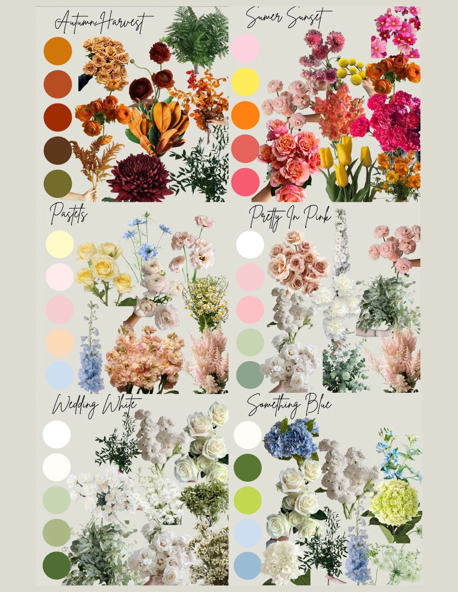A collage of five different floral arrangements, each with a color palette on the left side. The arrangements are labeled Autumn Harvest, Summer Sunset, Pastels, Pretty In Pink, Wedding White, and Something Blue. Each section displays flowers and matching color swatches.