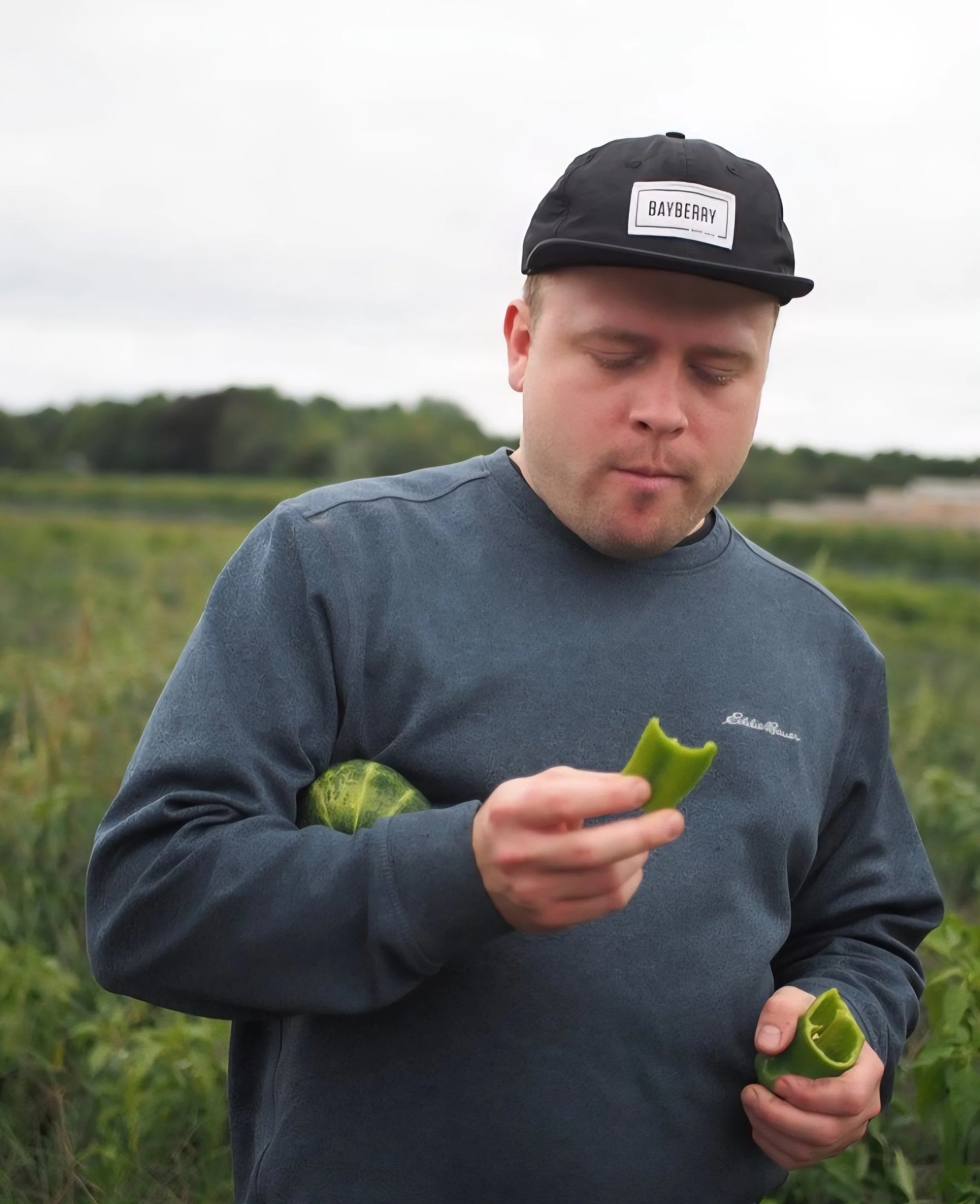 A young man wearing a black cap is outdoors in a field, holding a green bell pepper and inspecting it.