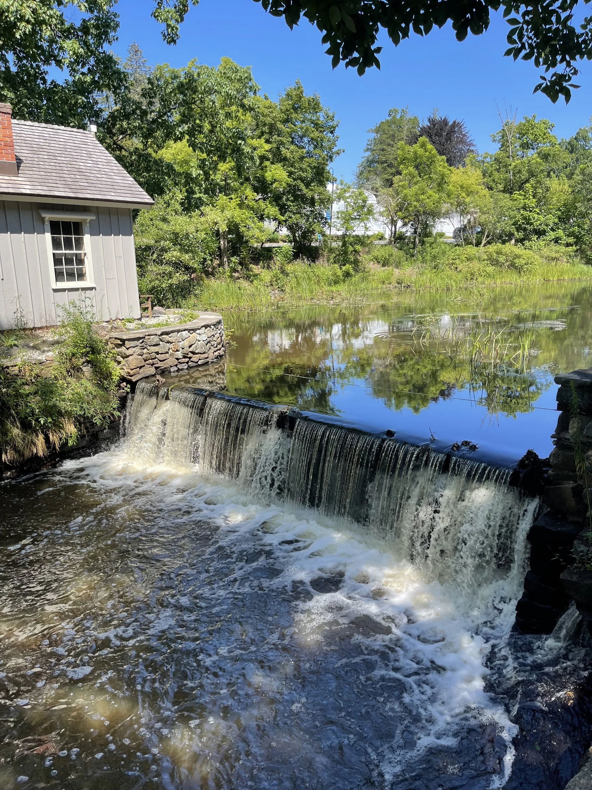 A small waterfall flowing into a pond, with green trees and a house with a chimney on the left, and bright blue sky in the background.