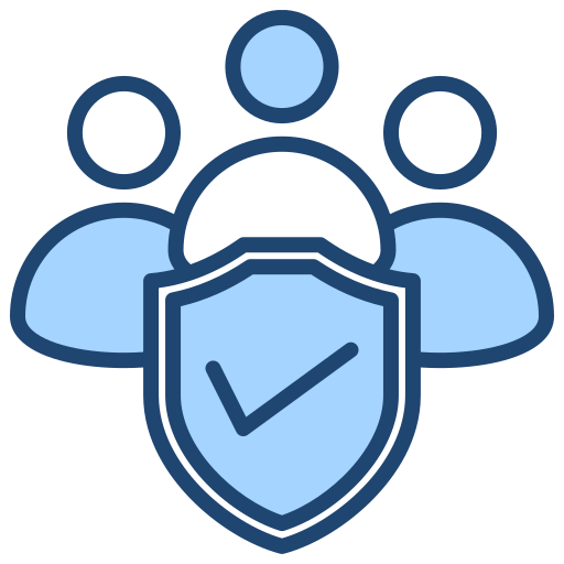 Icon of three people behind a shield with a check mark, representing security or protection for a group.
