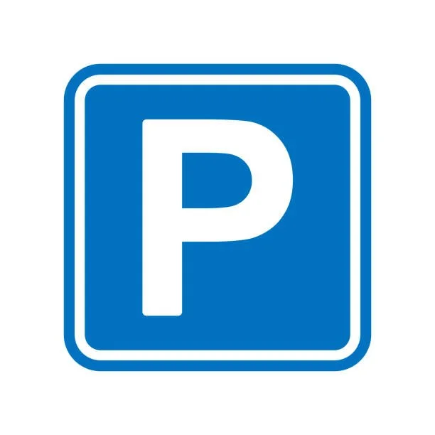 Blue square parking sign with white letter P in the center.