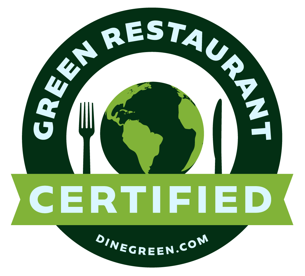 A circular badge with a green globe, a fork, and a knife. The text reads 'Green Restaurant Certified' and includes the website dinegreen.com.