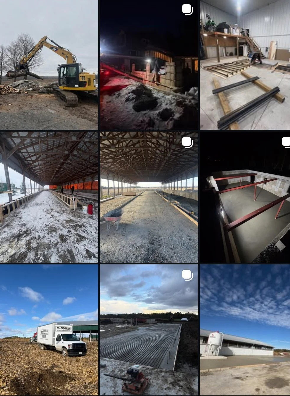 A collage of nine images showing construction scenes. The first row features construction machinery, a worker working at night, and interior framing at a building site. The second row shows a covered warehouse structure, an expansive open building frame, and a metal retention tank. The third row includes a pickup truck in a field, a concrete foundation being poured, and a modern building with a stylized roof.