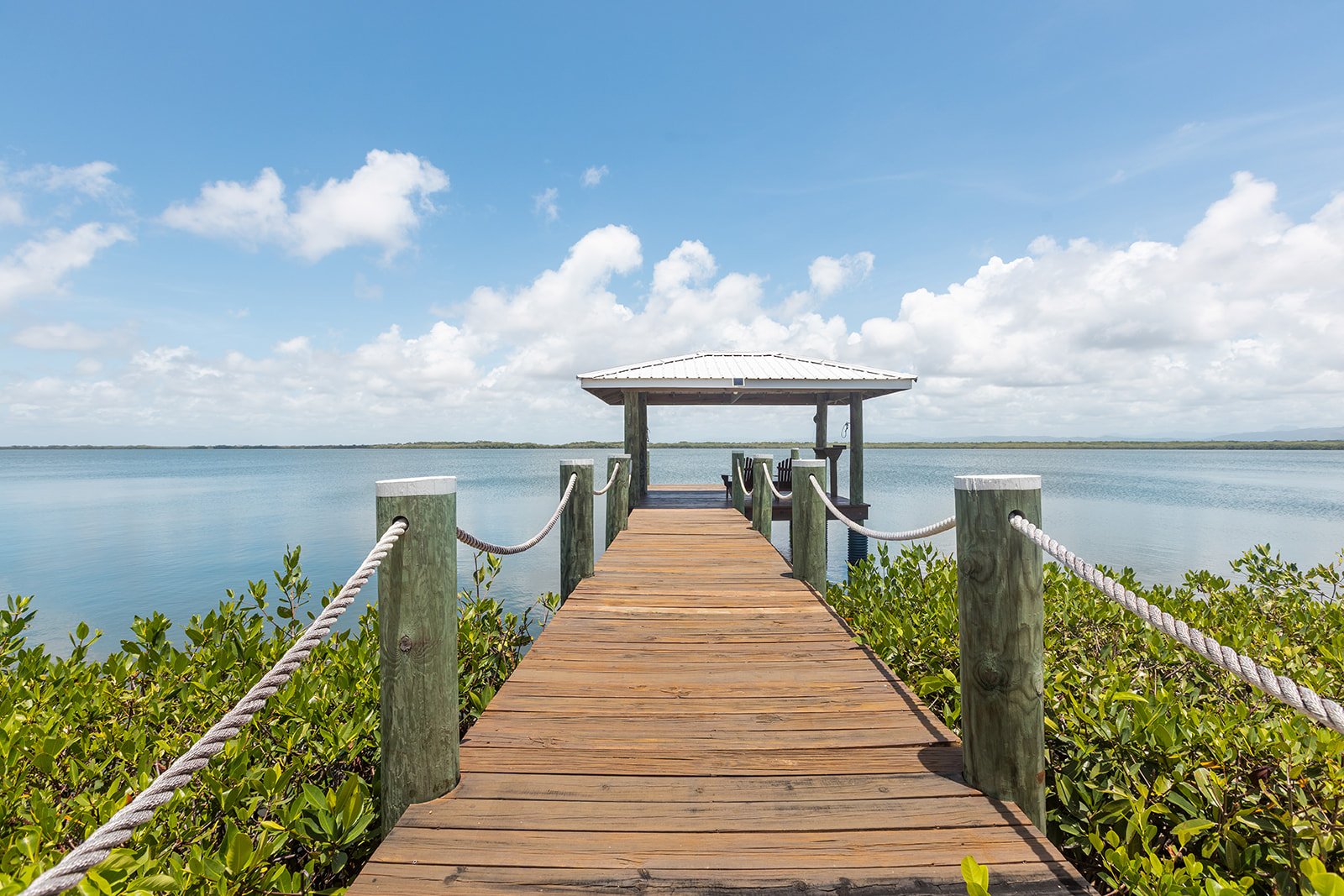 A wooden dock with side ropes leading to a small covered shelter over the water, surrounded by green plants, with a blue sky and clouds above.
