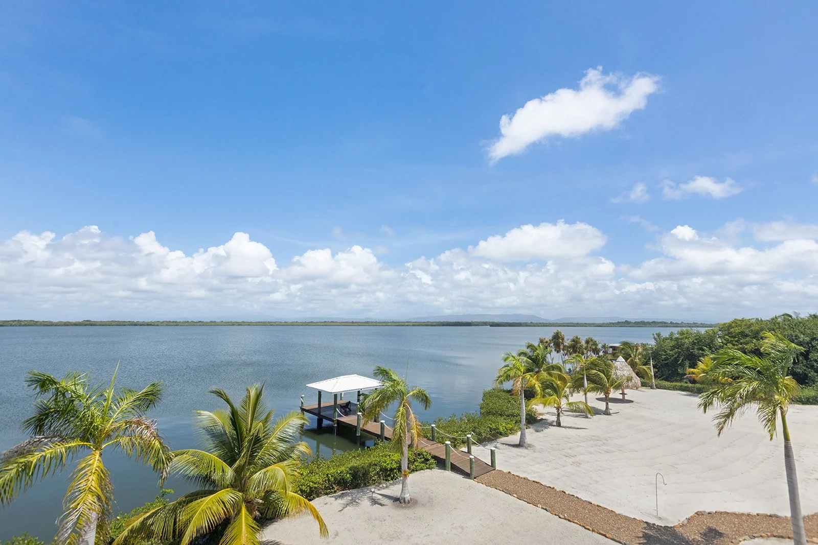 Scenic view of a large lake with a blue sky and white clouds, surrounded by palm trees and tropical greenery, with a small dock and shaded seating area by the water.