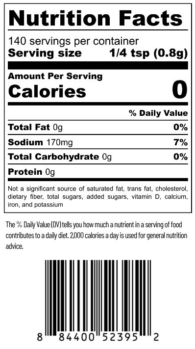 Crust Dust nutrition facts and barcode panel from the label