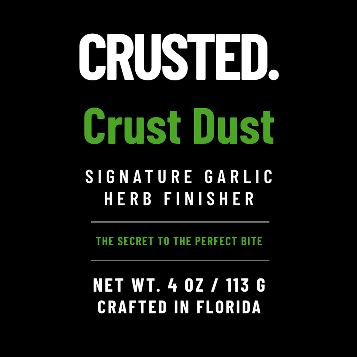 Crust Dust label: Signature Garlic Herb Finisher