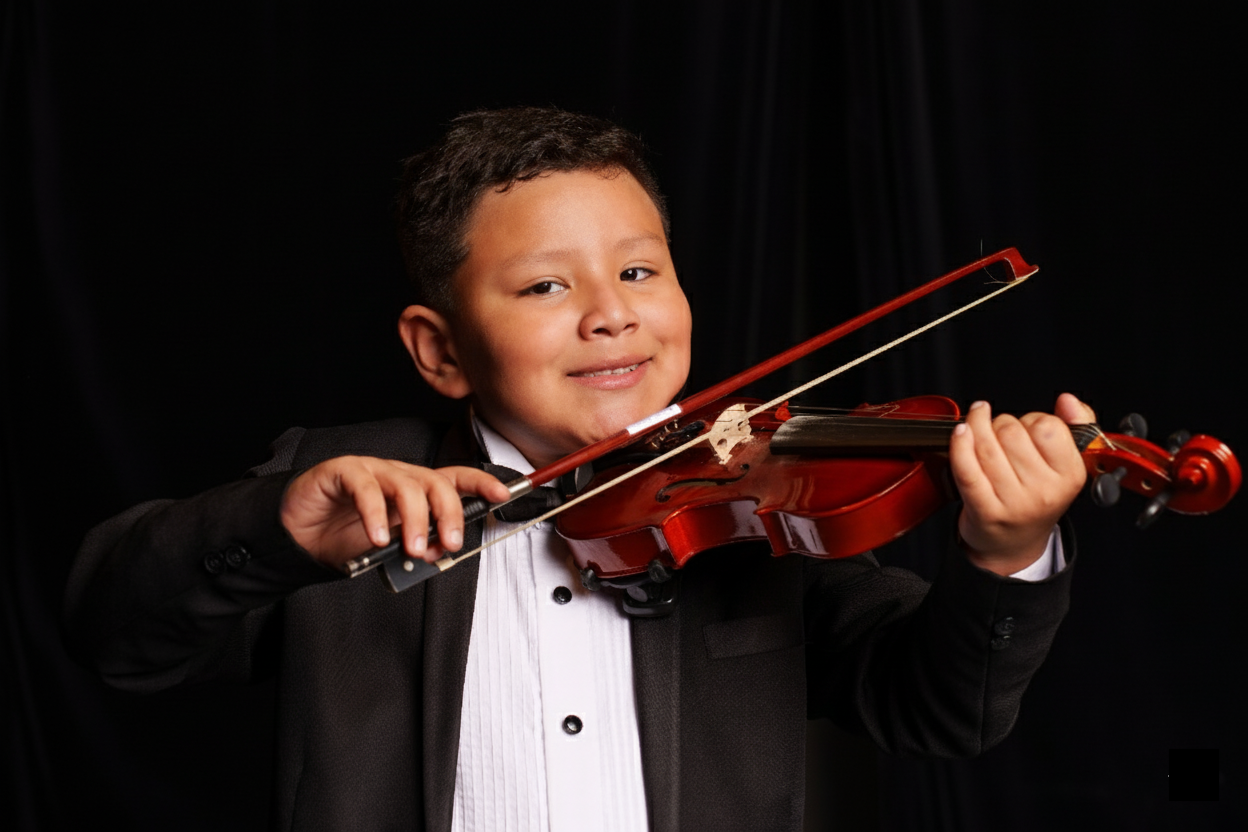 Un niño con traje y pajarita tocando un violín, sonriendo, contra un fondo negro.