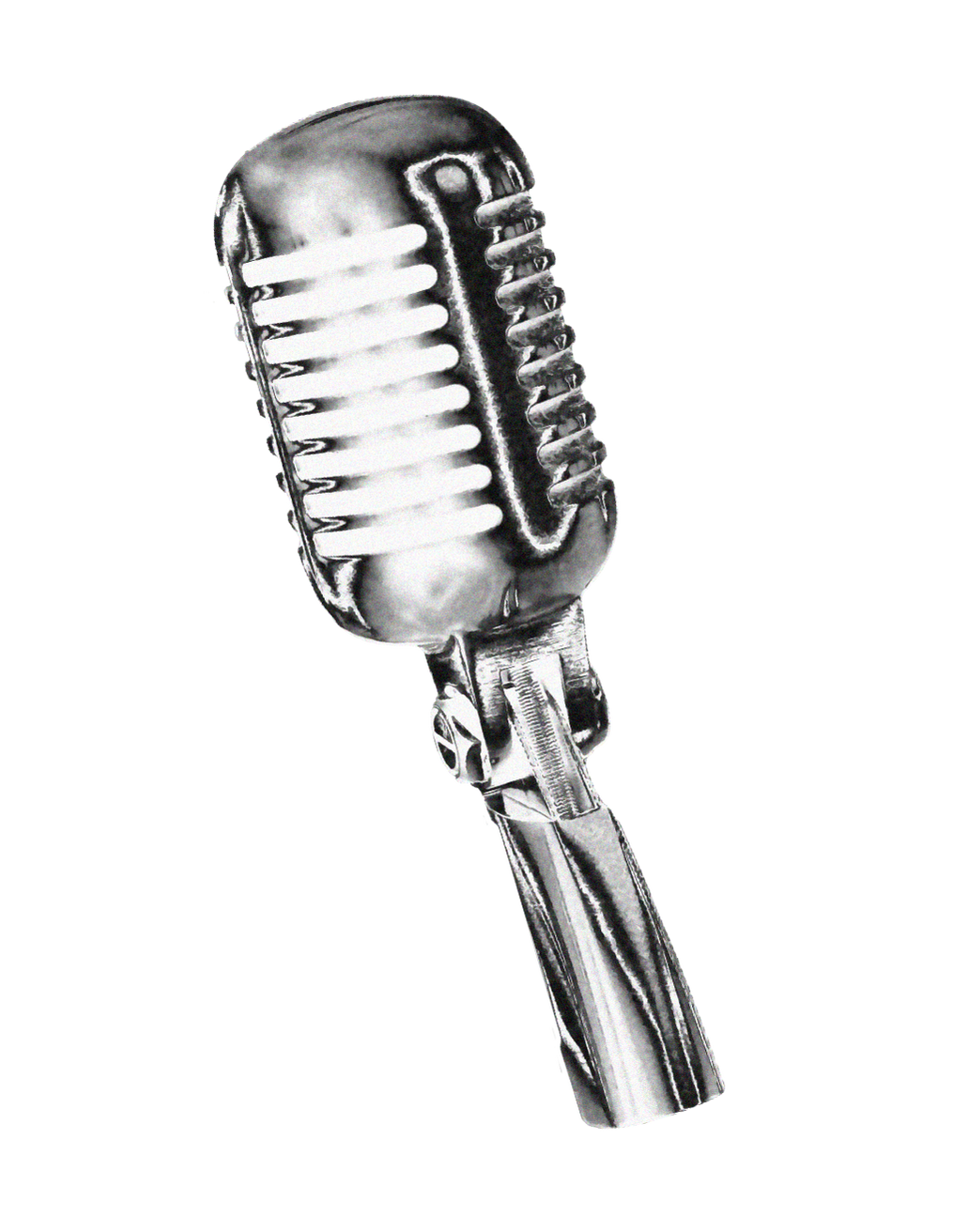 Black and white image of a vintage microphone with metal grille on a stand.