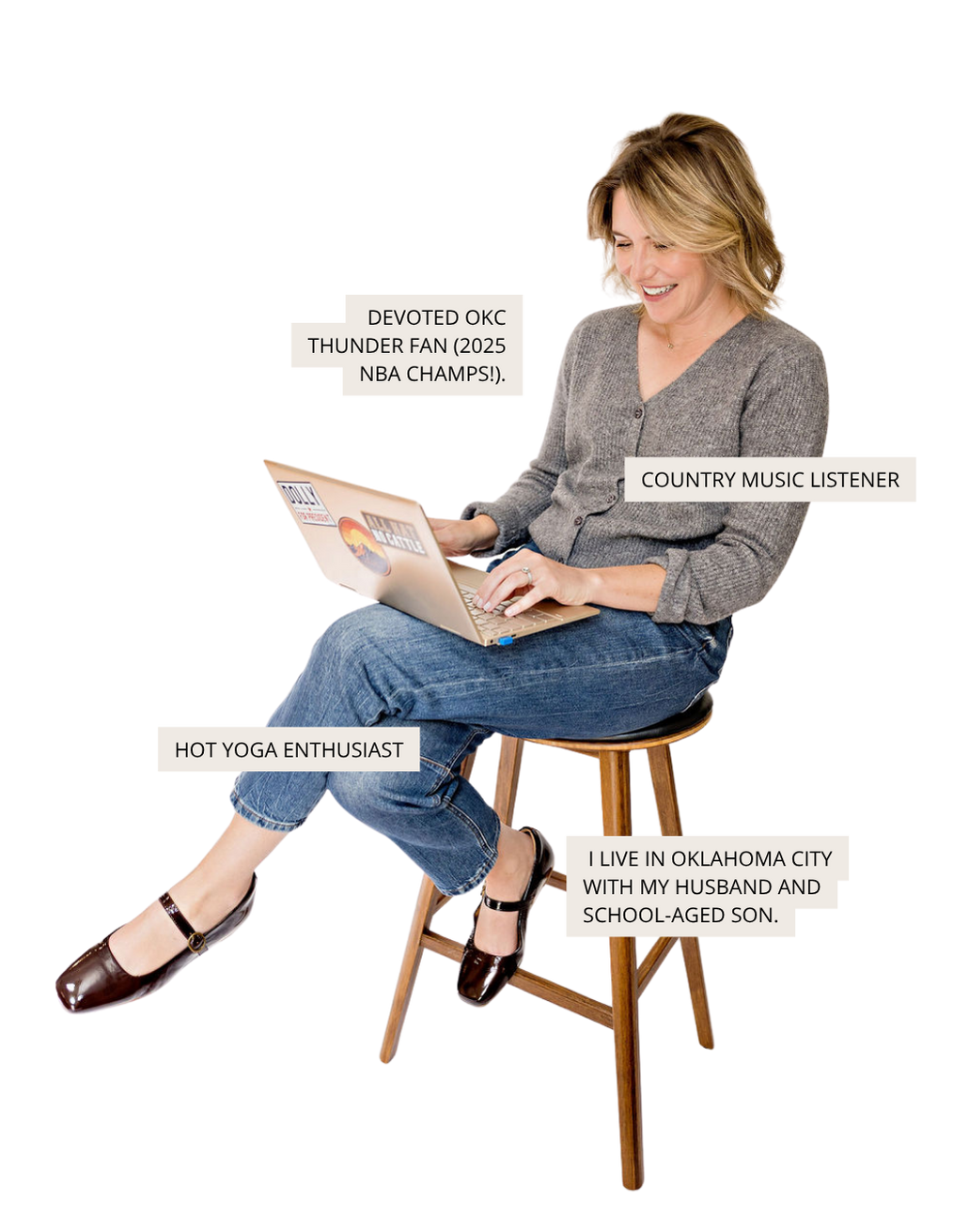 Brigette Zorn sitting on a wooden stool using a laptop, smiling, wearing jeans and brown shoes, with text highlighting her love of country music, life in Oklahoma City with family, hot yoga, and being an Oklahoma City Thunder fan.