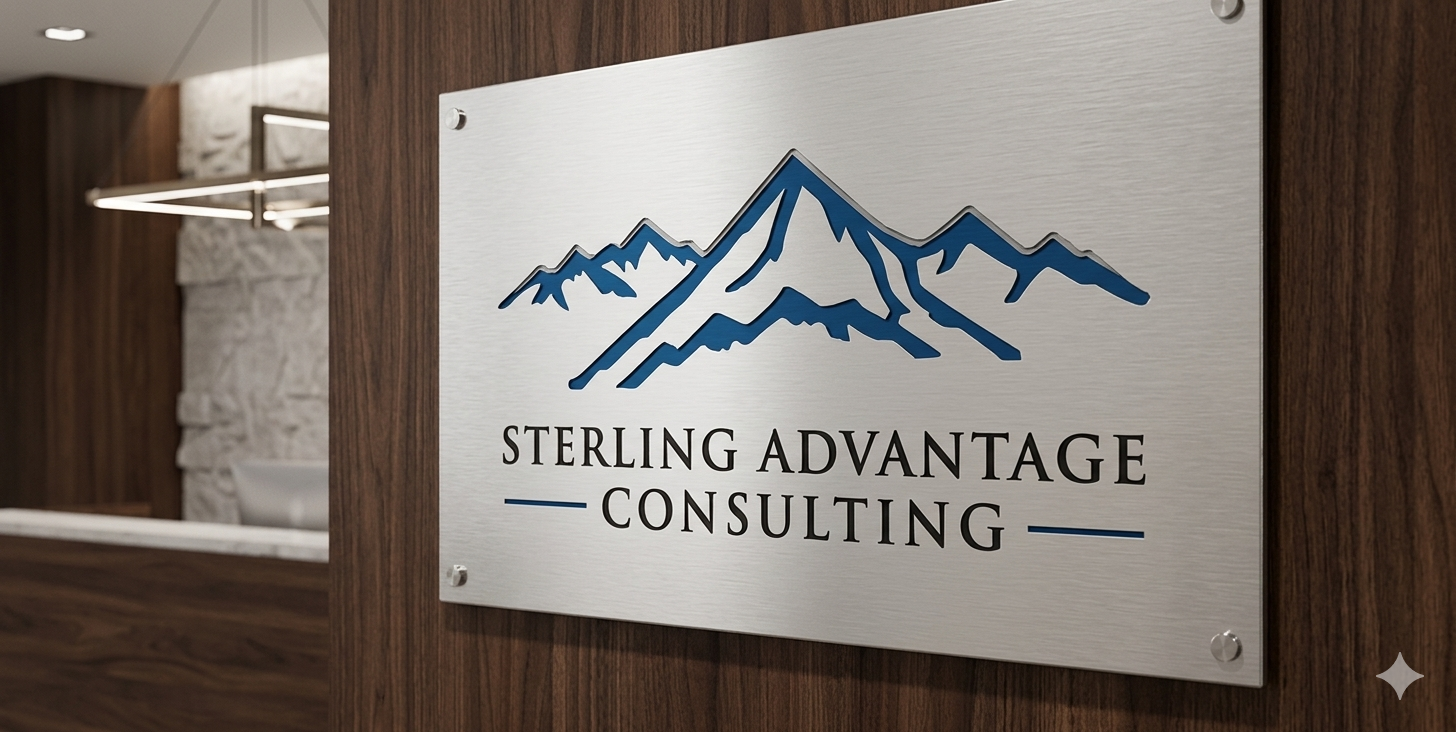 Sign for Sterling Advantage Consulting with mountain graphic in the reception area.