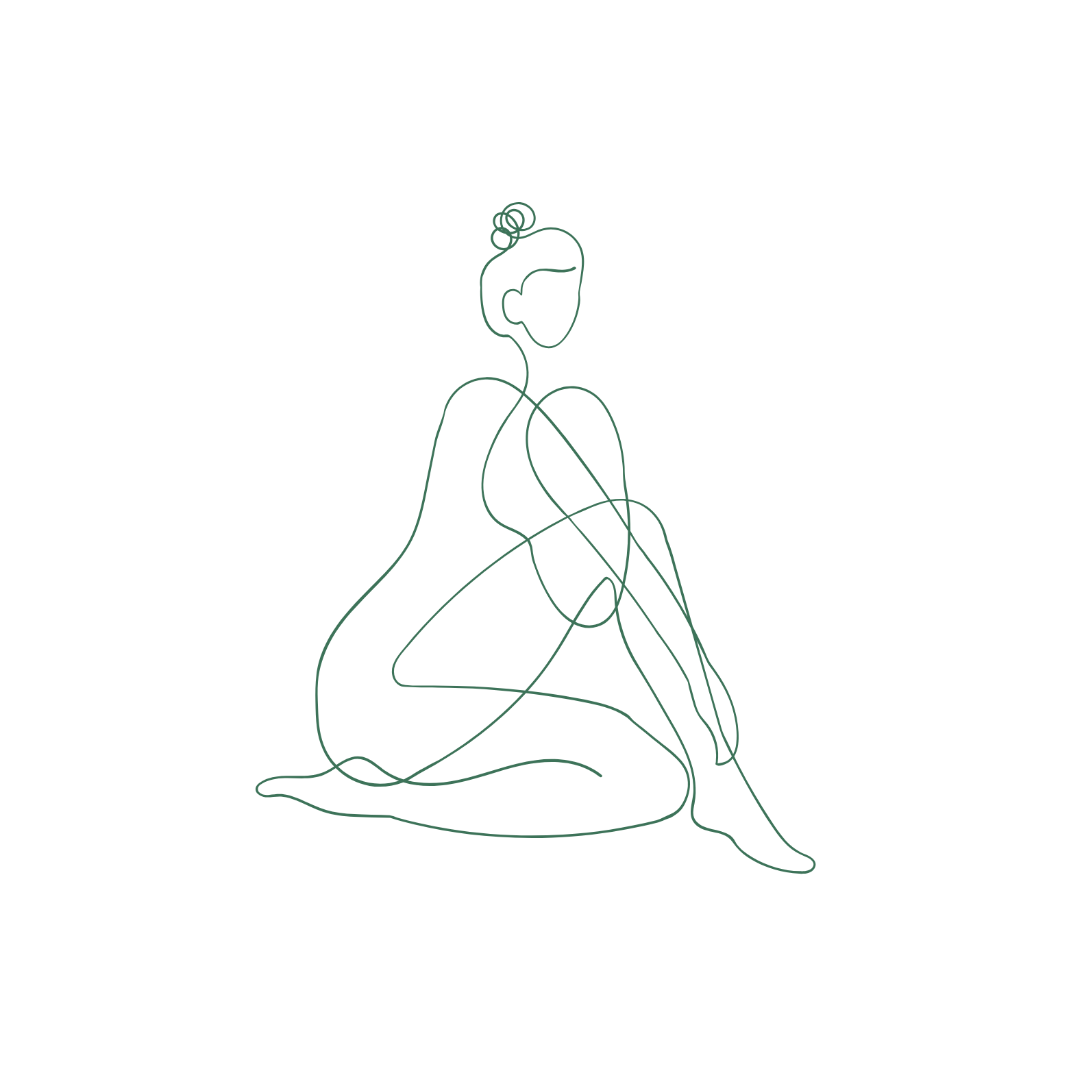 Line drawing of a woman kneeling with one arm extended outward and the other resting on her knee, against a black background.