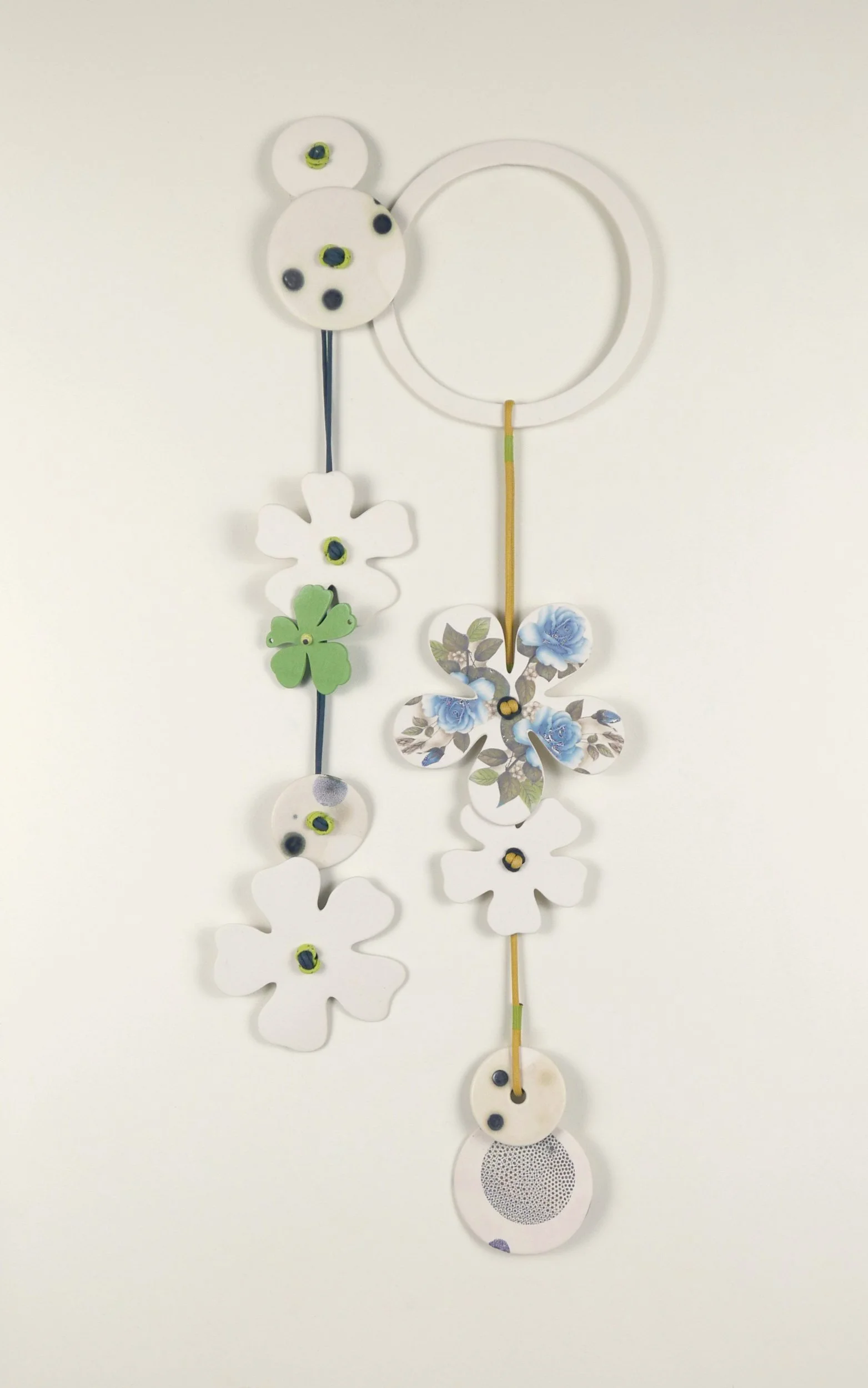 Flora 2. Porcelain, ceramic decals, acrylic, cord. View 2: 57cm H x 20cm W.