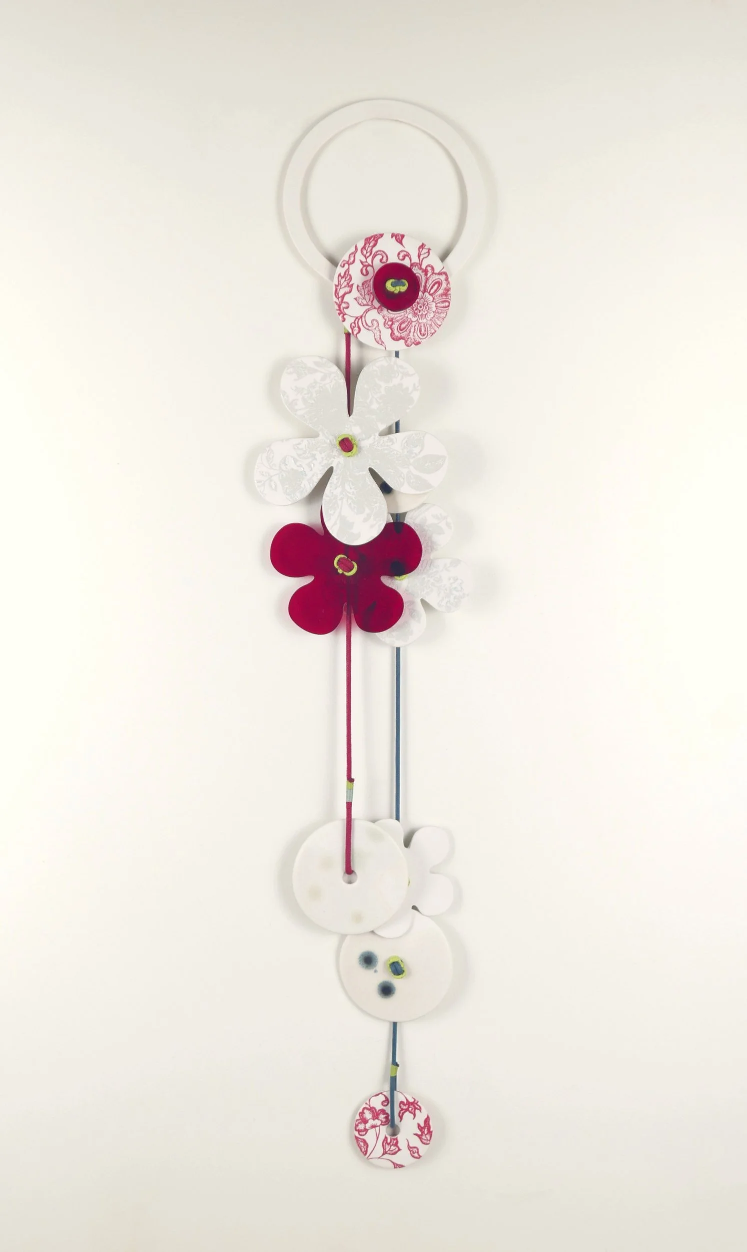 Flora 7. Porcelain, ceramic decals, acrylic, cord. View 2: 65cm H x 14cm W.