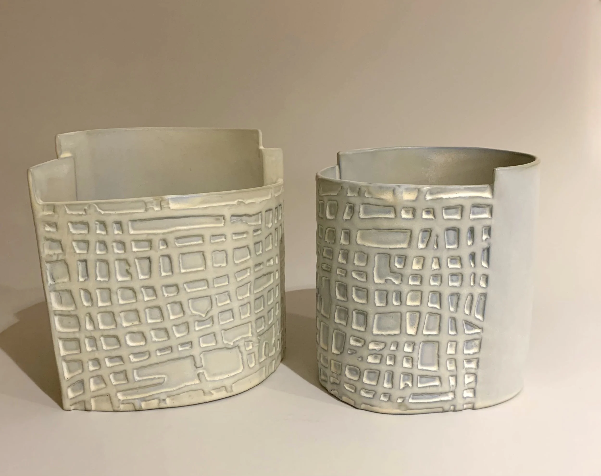 Vases 3 and 4. Coloured Clay Porcelain. Left: 14cm W x 14cm H x 8cm D.