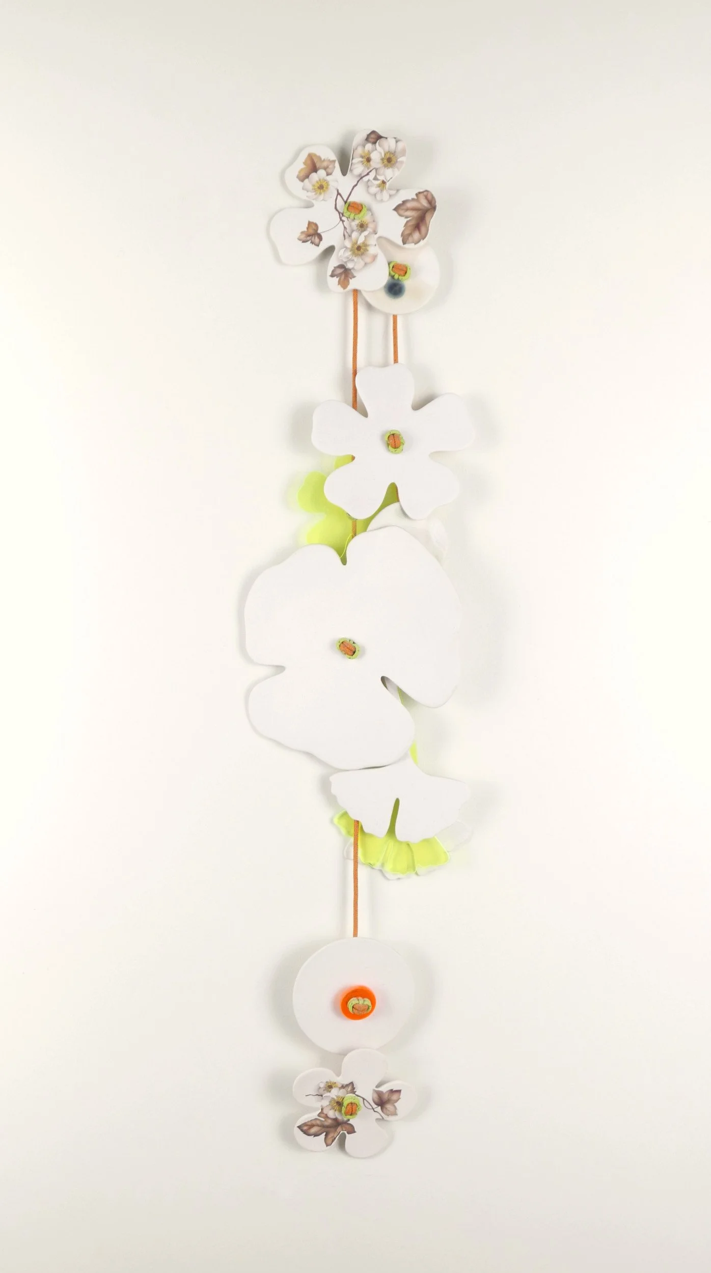 Flora 8. Porcelain, ceramic decals, acrylic, cord. View 3: 59cm H x 14cm W.