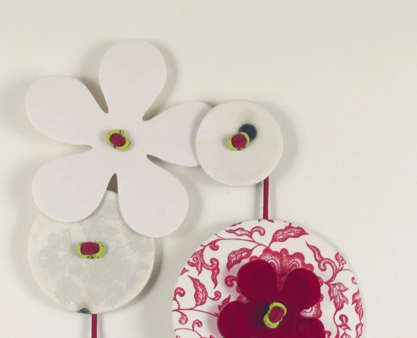 Flora 5. Porcelain, ceramic decals, acrylic, cord. View 2: 52cm H x 19cm W.