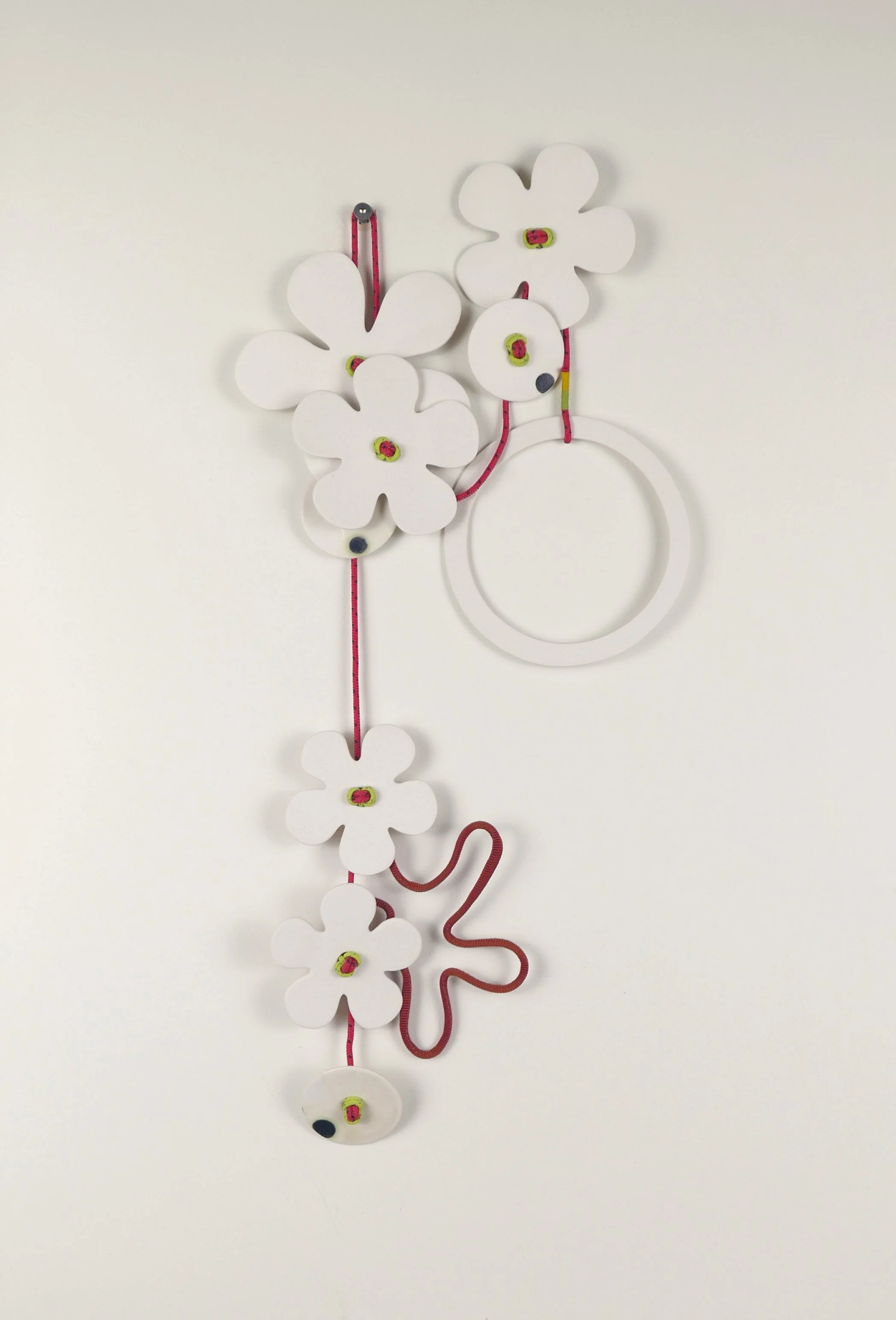 Flora 1. Porcelain, ceramic decals, acrylic, cord. View 1: 47cm H x 21cm W.