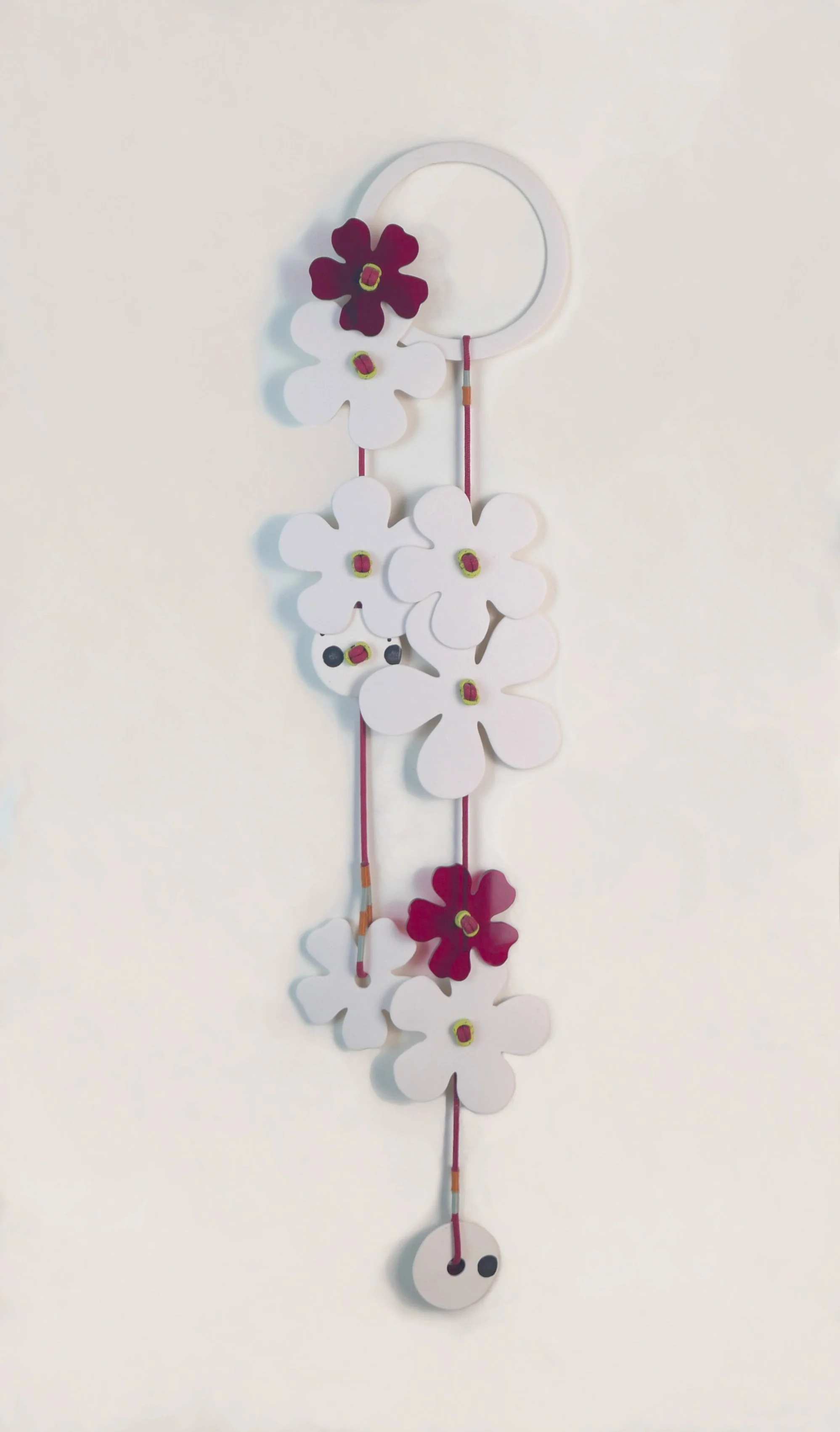 Flora 4. Porcelain, ceramic decals, acrylic, cord. View 2: 63cm H x 17cm W.