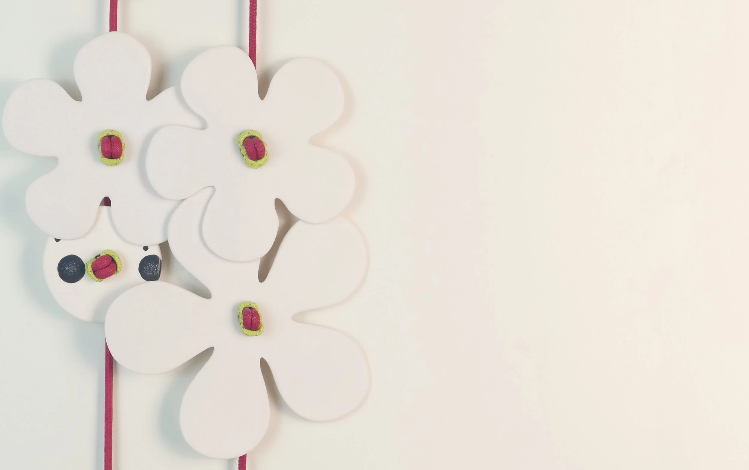 Flora 4. Porcelain, ceramic decals, acrylic, cord. View 2: 63cm H x 17cm W