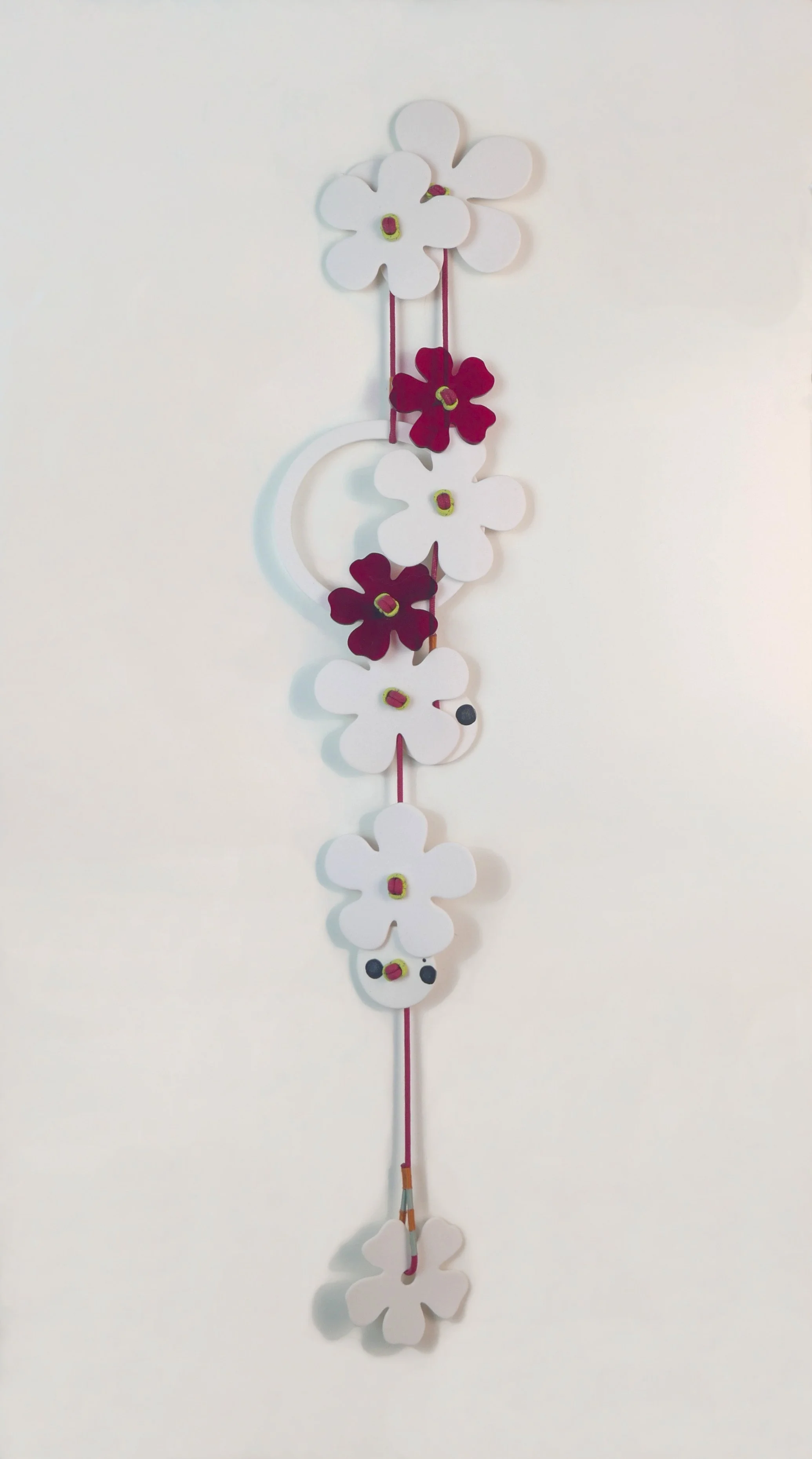 Flora 4. Porcelain, ceramic decals, acrylic, cord. View 3: 70cm H x 15cm W.