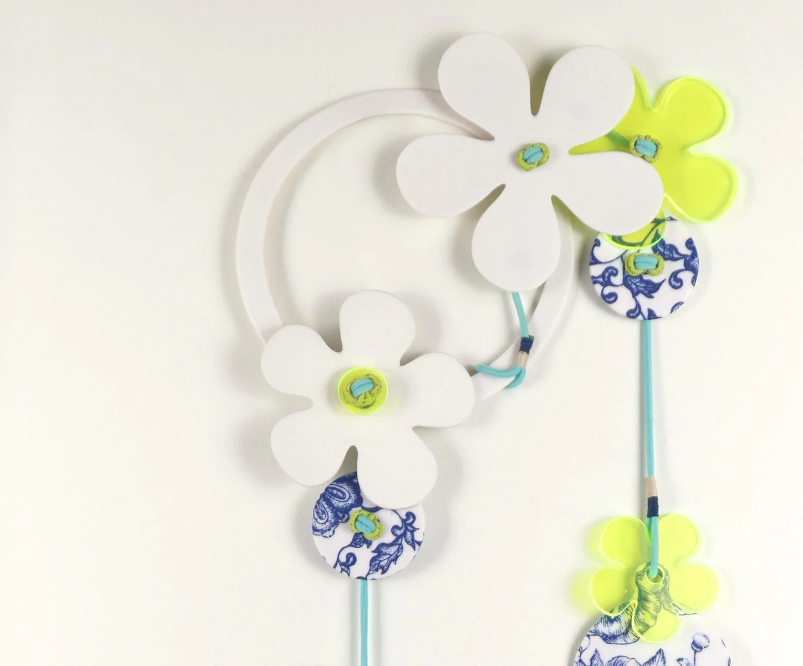 Flora 6. Porcelain, ceramic decals, acrylic, cord. View 3: 55cm H x 20cm W.
