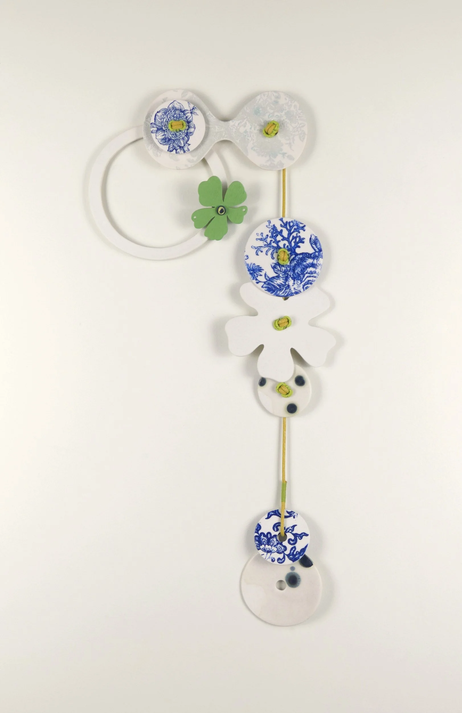 Flora 3. Porcelain, ceramic decals, acrylic, cord. View 2: 47cm H x 21cm W