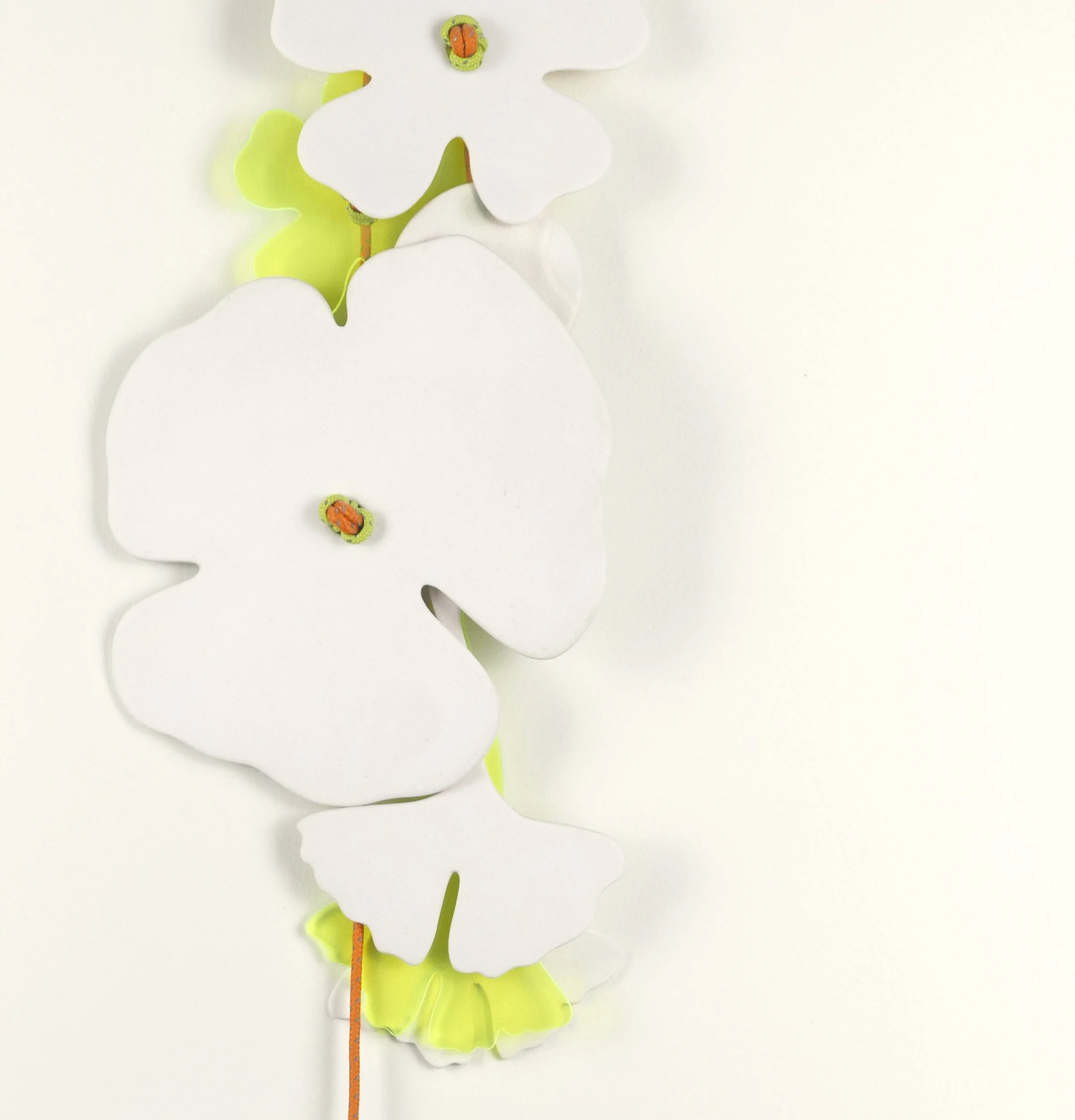 Flora 8, detail. Porcelain, ceramic decals, acrylic, cord. View 3: 59cm H x 14cm W.