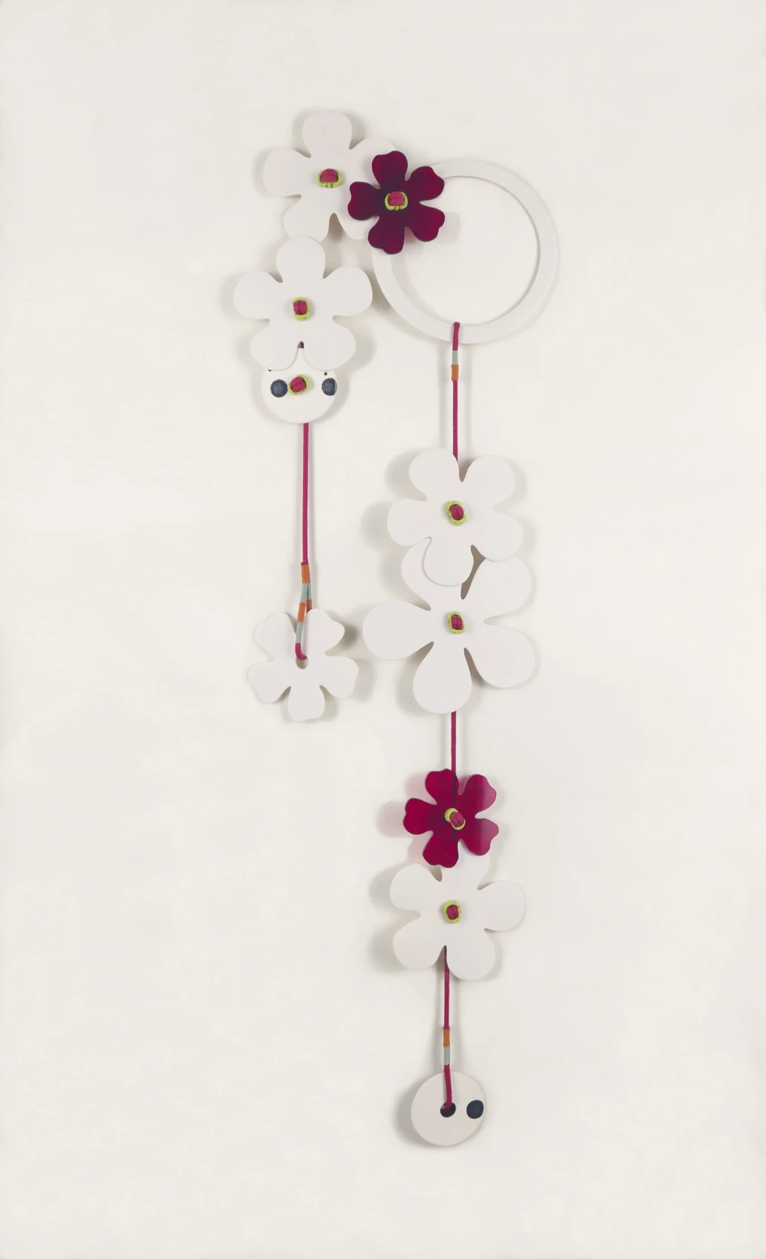 Flora 4. Porcelain, ceramic decals, acrylic, cord. View 1: 66cm H x 18cm W