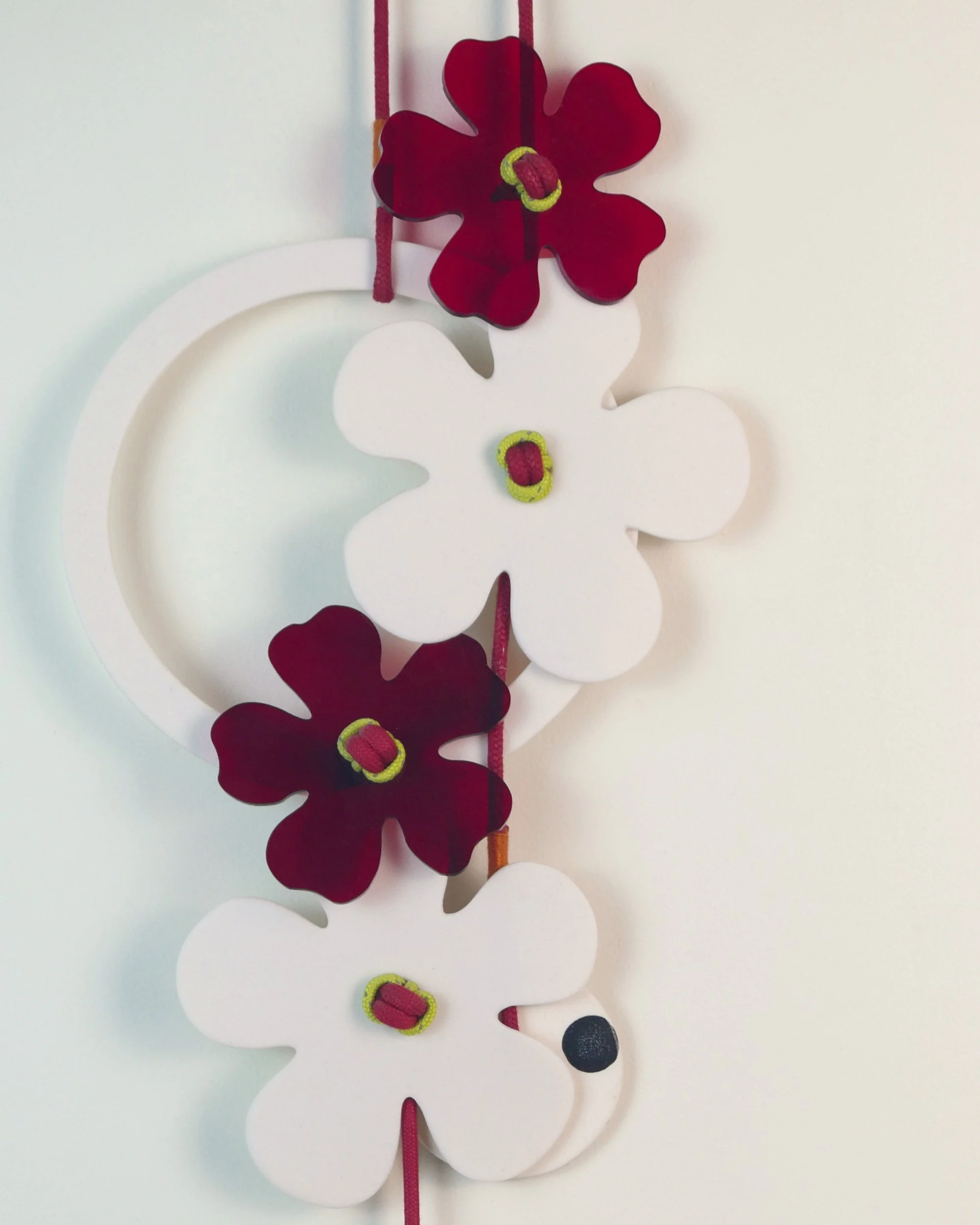 Flora 4. Porcelain, ceramic decals, acrylic, cord. View 3: 70cm H x 15cm W