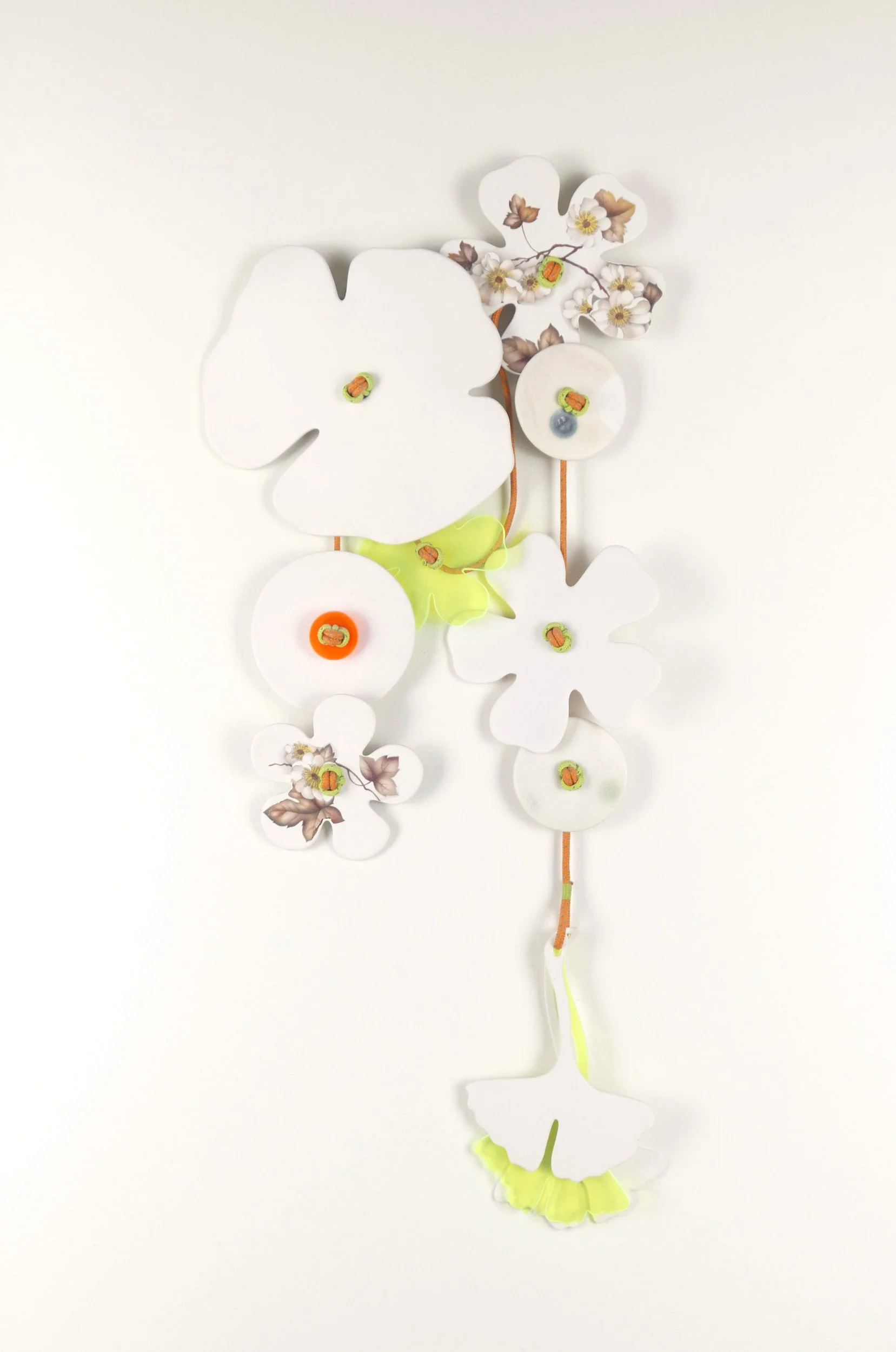 Flora 8. Porcelain, ceramic decals, acrylic, cord. View 2: 43.5cm H x 19cm W.
