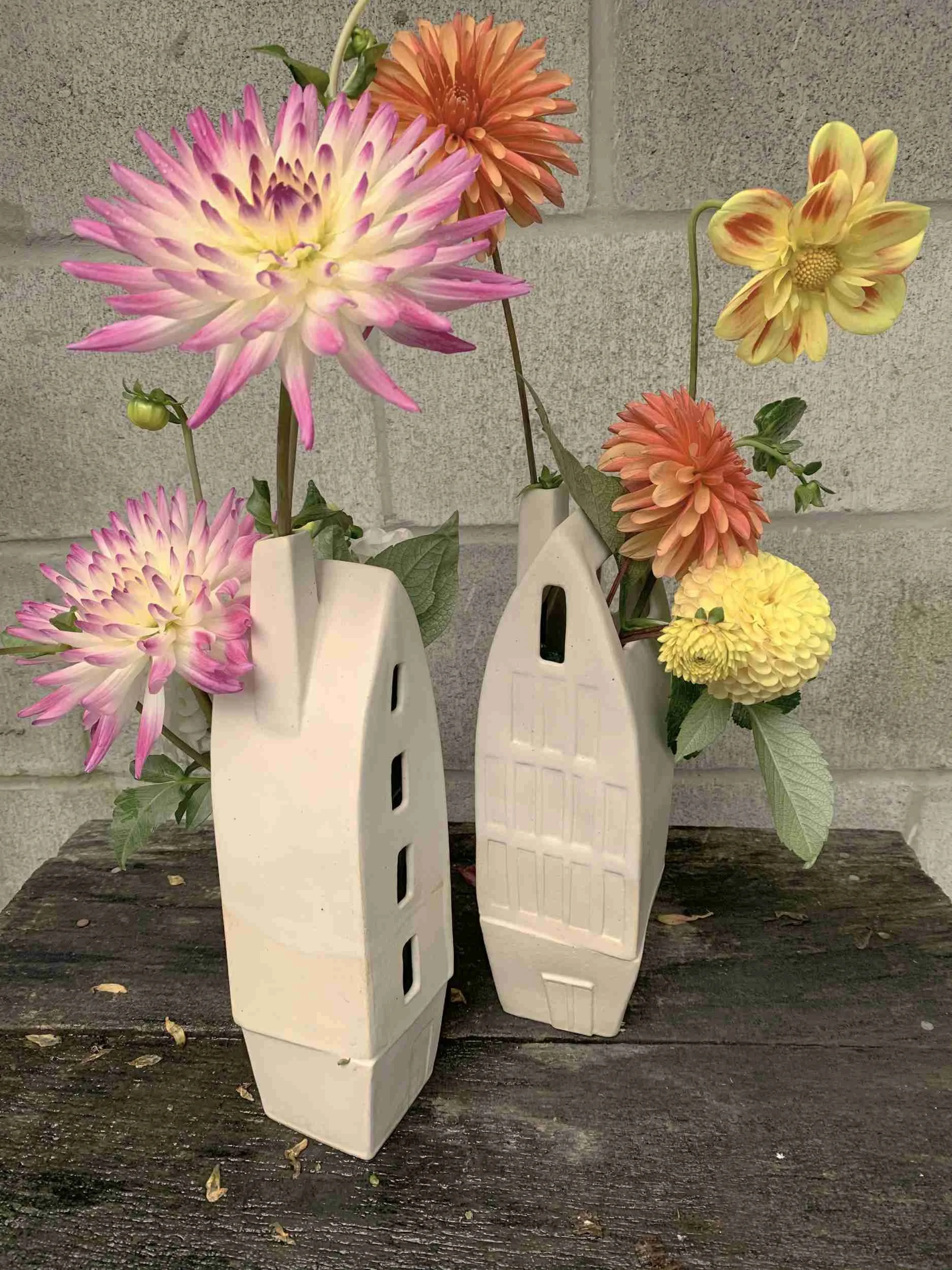 Canal Houses. Porcelain. Left: 9cm W x 30.5cm H x 9.5cm D, Right: 8.5cm W x 29cm H x 9cm D.