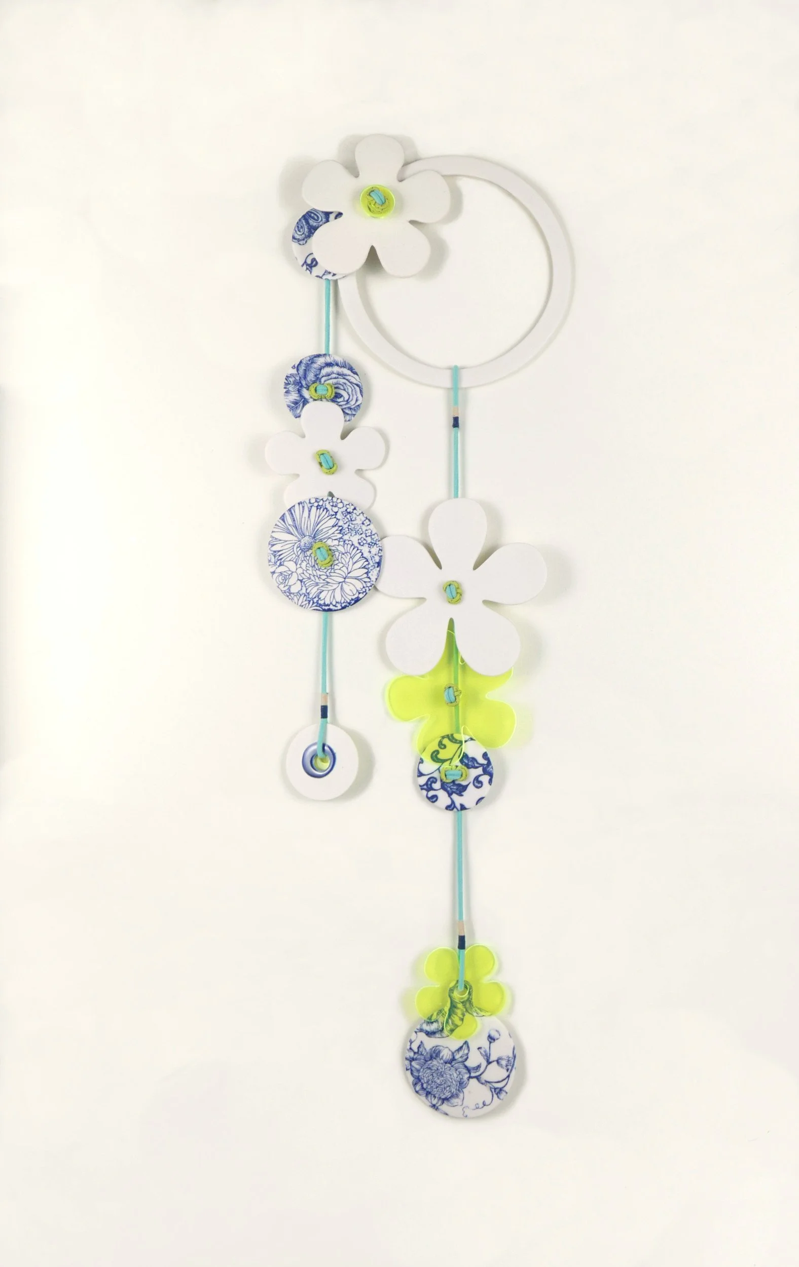 Flora 6. Porcelain, ceramic decals, acrylic, cord. View 1: 62cm H x 17cm W