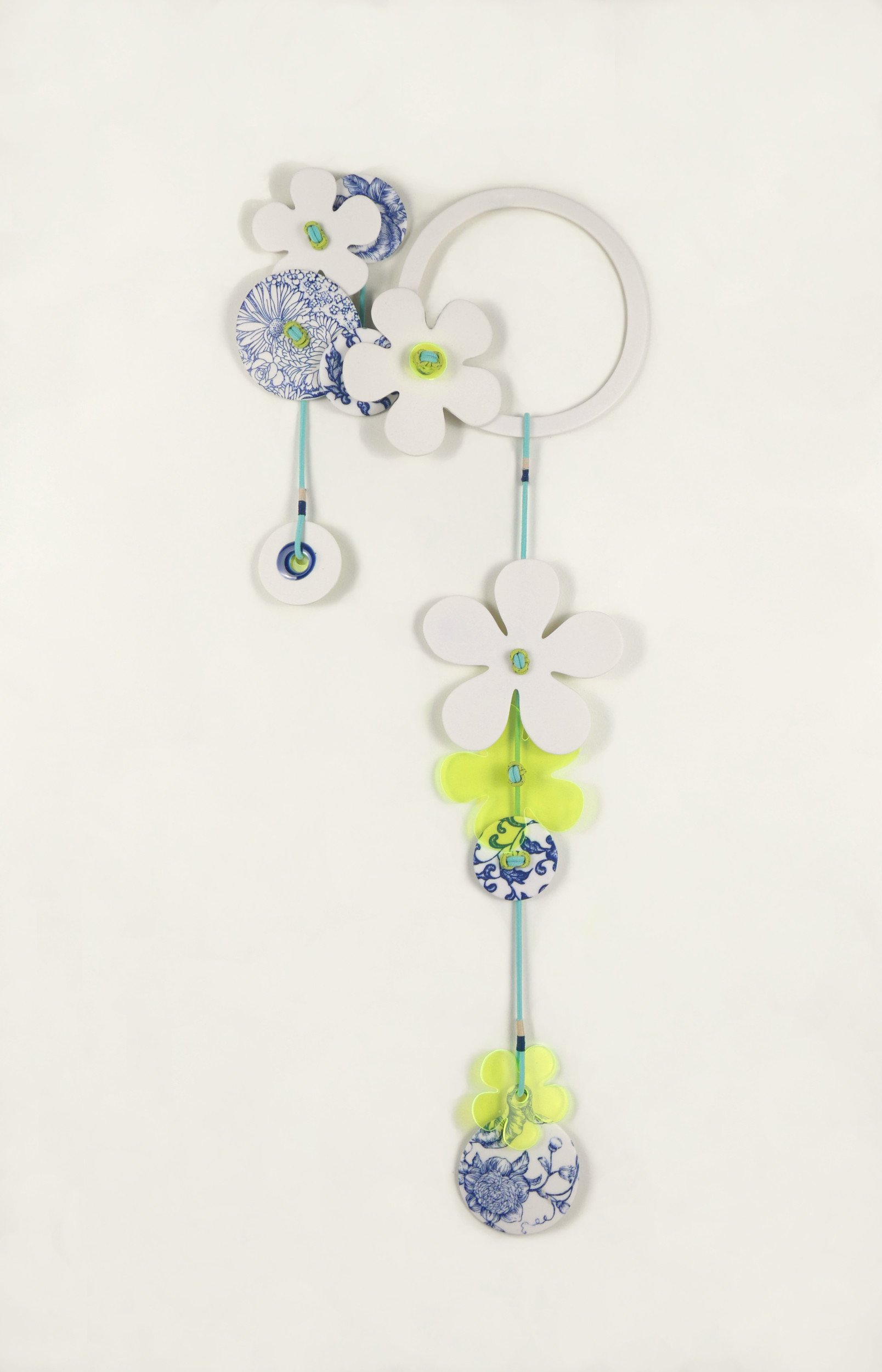 Flora 6, detail. Porcelain, ceramic decals, acrylic, cord. View 2: 60cm H x 21cm W