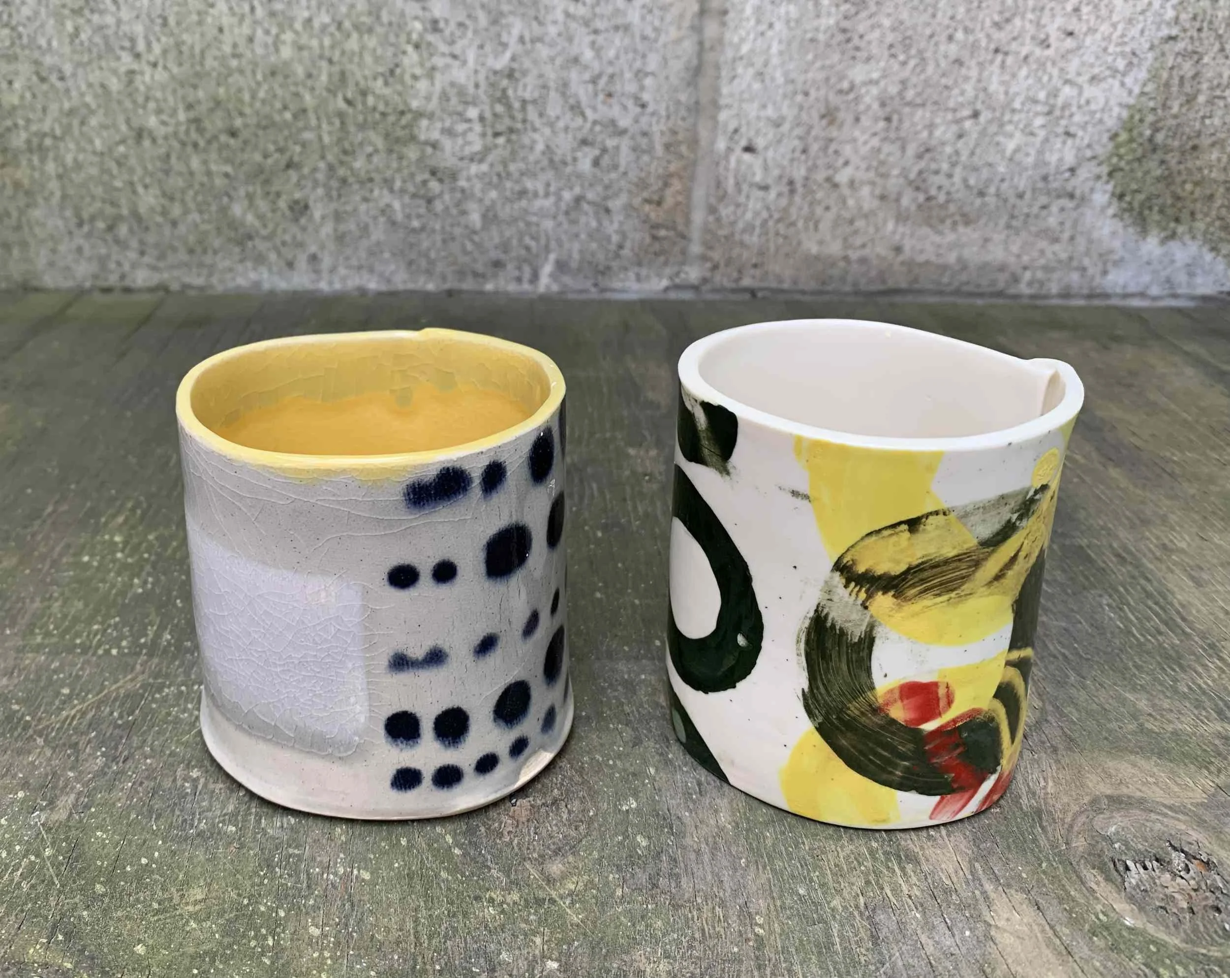 Coloured Cups 3, 4. Porcelain and Slipcast porcelain. Left: 8.5cm W x 8.5cm H x 8cm D, Right:7.5cm W x 8.5cm H x 7cm D.