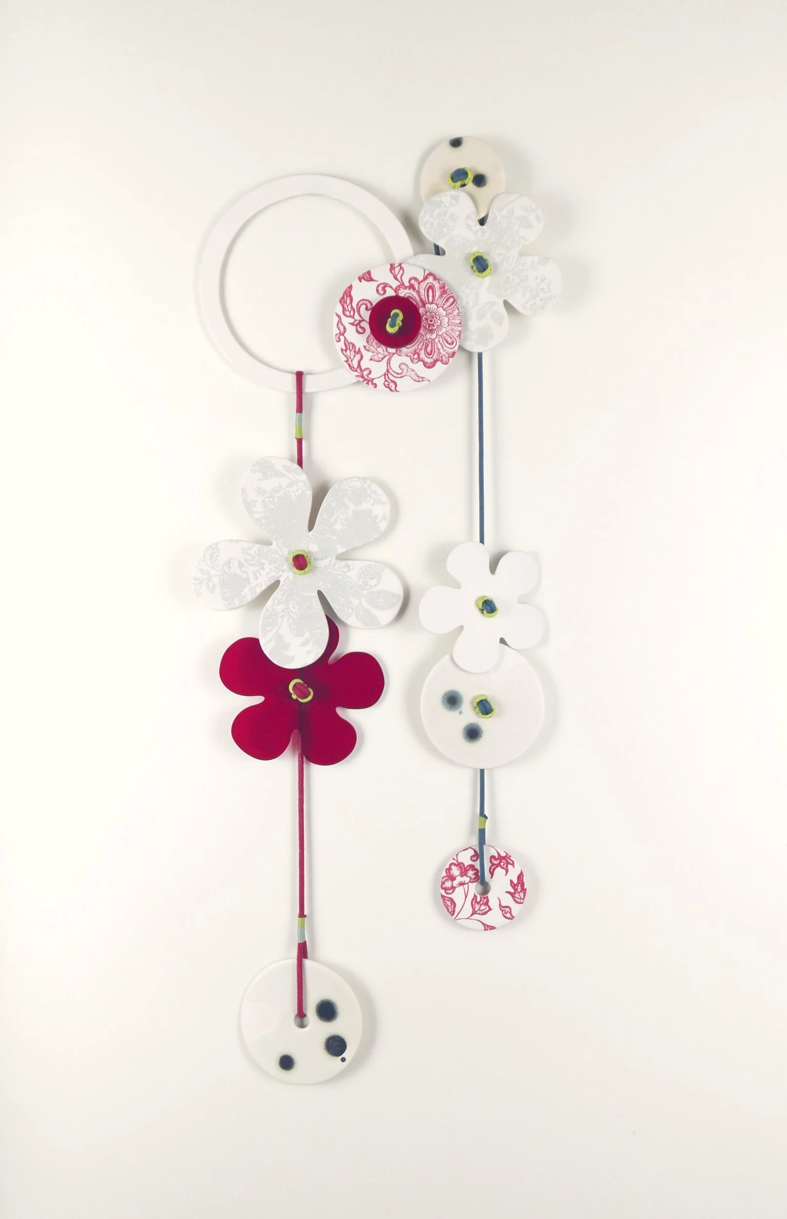 Flora 7. Porcelain, ceramic decals, acrylic, cord. View 1: 53cm H x 20cm W.