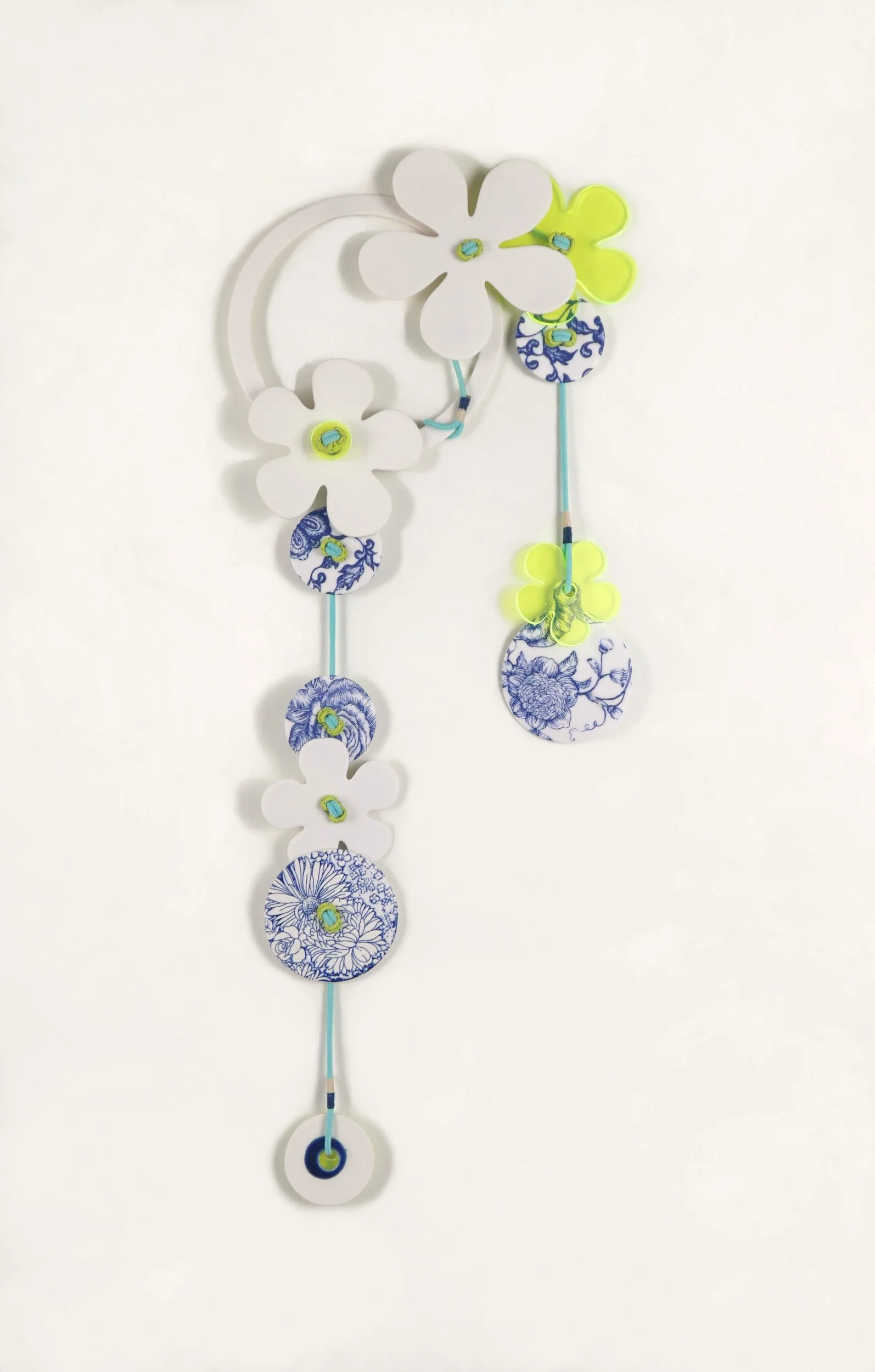 Flora 6. Porcelain, ceramic decals, acrylic, cord. View 3: 55cm H x 20cm W.