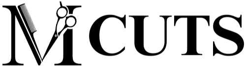 Black logo with stylized letter M and scissors icon for a salon or beauty brand