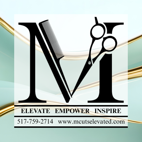Logo for MCI, a hair salon, featuring a comb and scissors in the letter 'V', with text 'ELEVATE EMPOWER INSPIRE', contact number, and website.