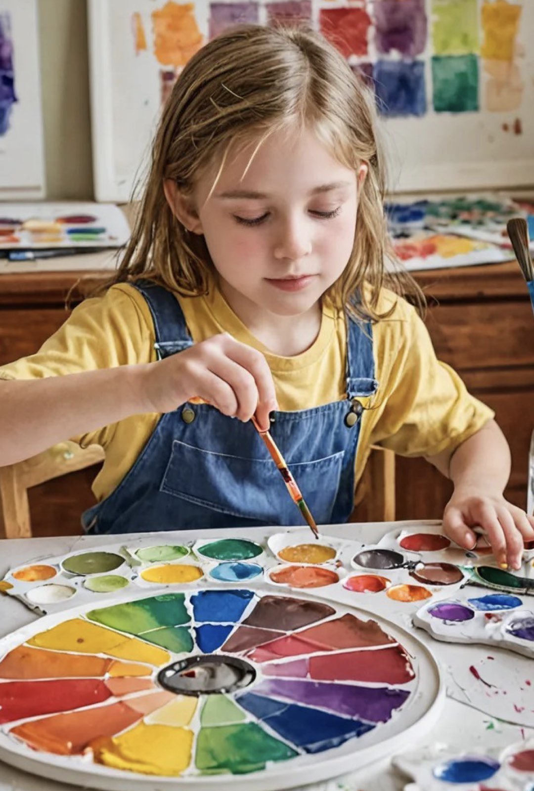 A young girl wearing a yellow shirt and blue overalls is painting with watercolors, dipping her brush into the paint palette in front of her.