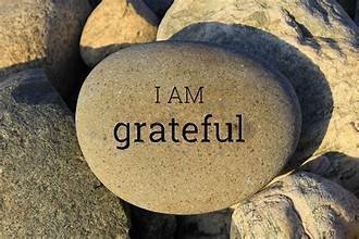 A smooth round stone engraved with the words 'I AM grateful' surrounded by other rocks.