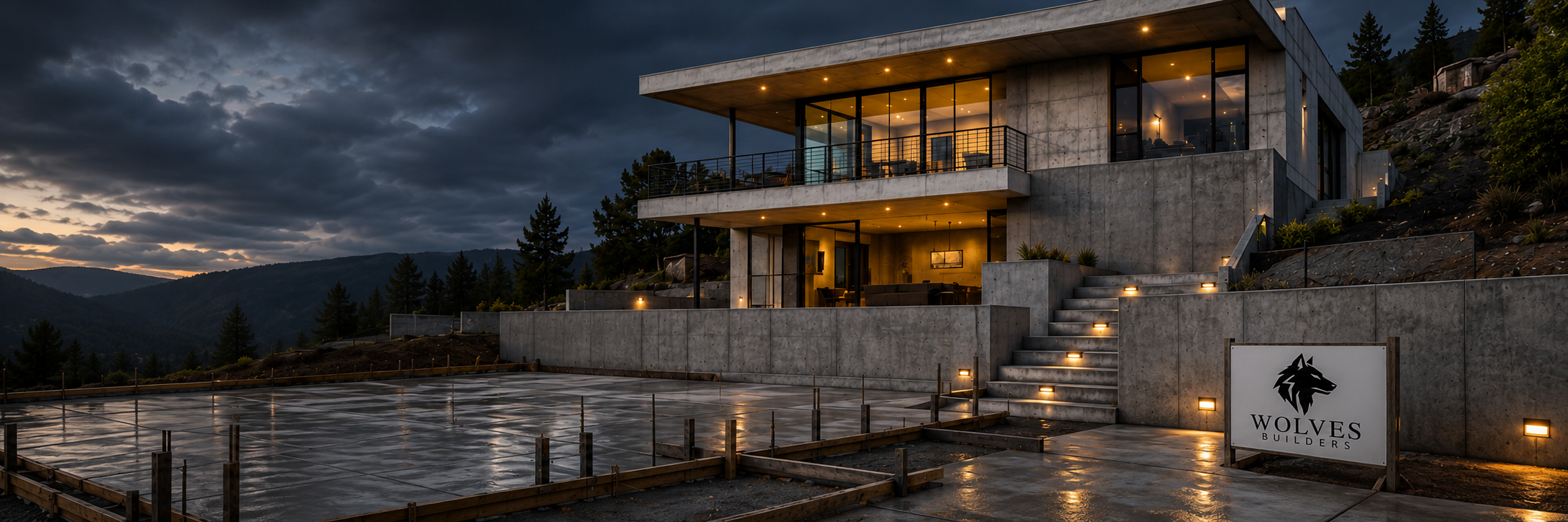 Concrete retaining wall built into a sloped Northern California property.