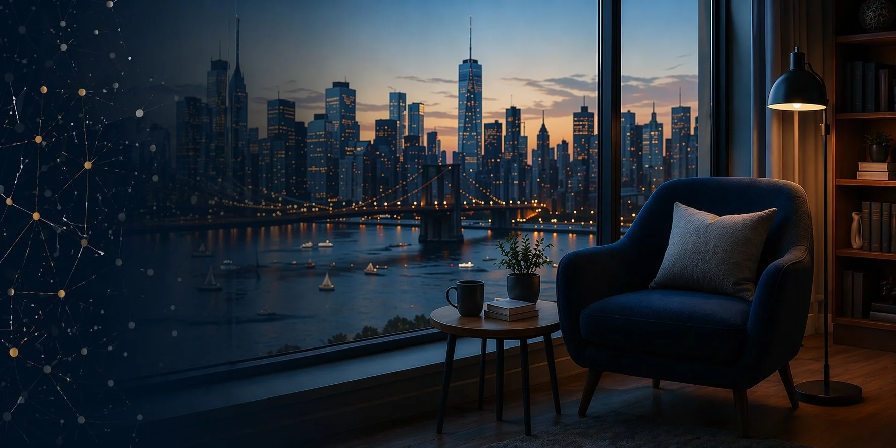 A cozy interior room with a dark blue armchair, a small wooden side table with a plant, a coffee cup, and books, sitting by a large window with a city skyline view at sunset. The room has warm lighting from a floor lamp and built-in bookshelves.