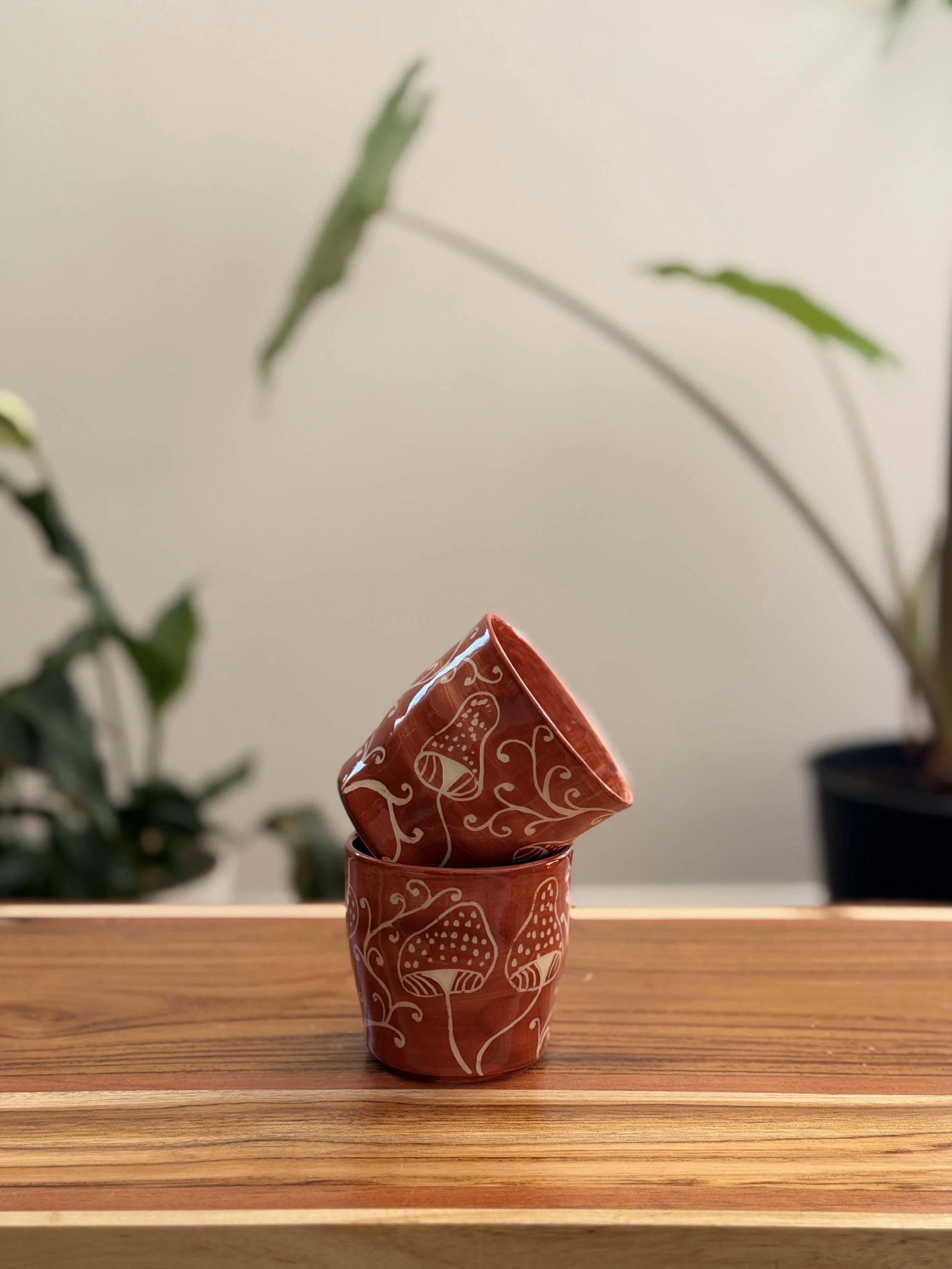 Orange Mushroom Cup - Burnished with Black Obsidian