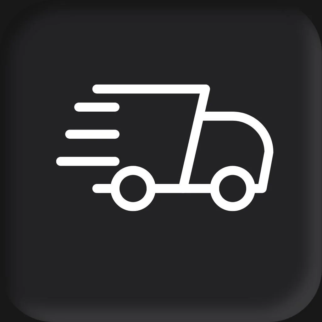 Icon of a delivery truck with motion lines indicating speed.