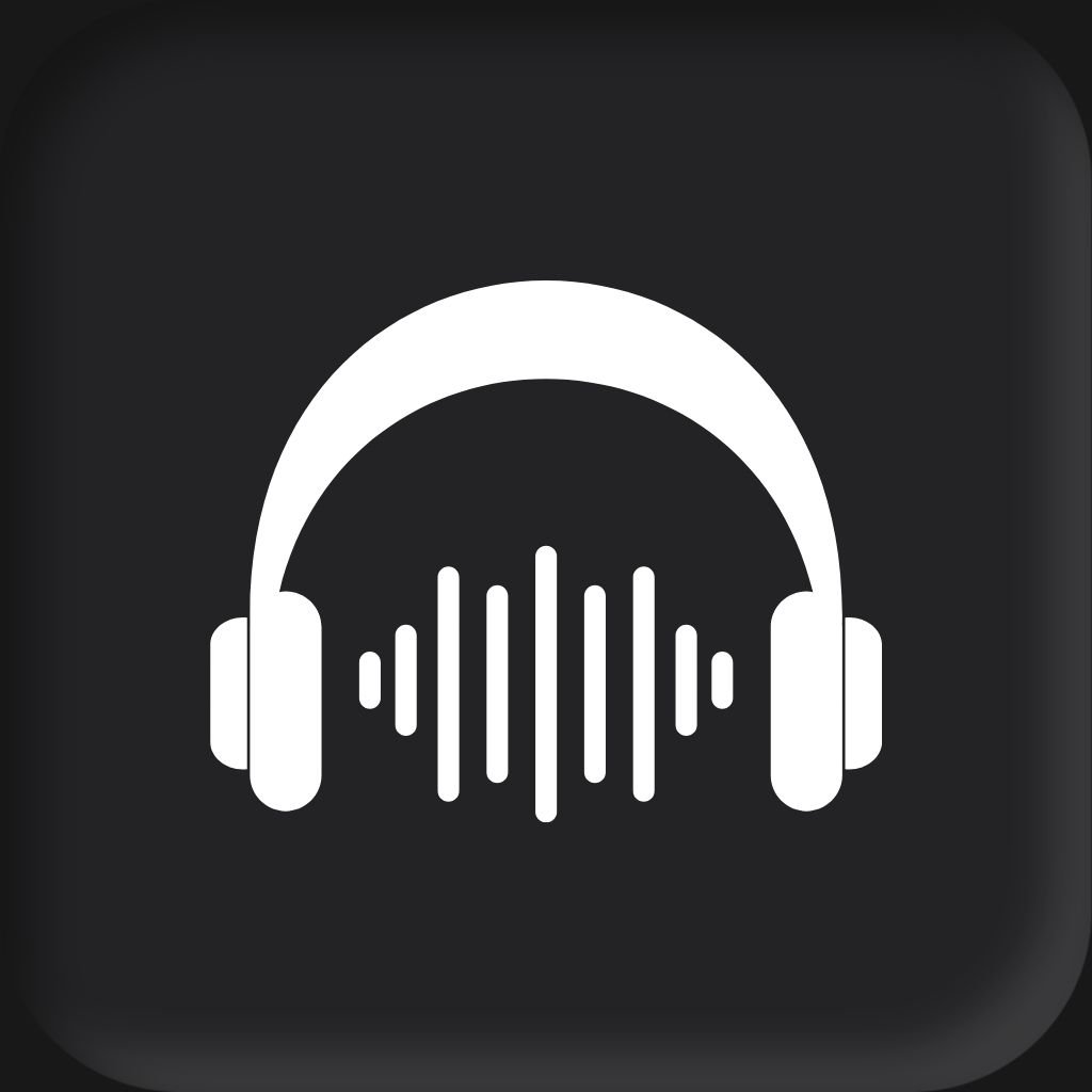 Icon of headphones with sound wave in center on dark background.
