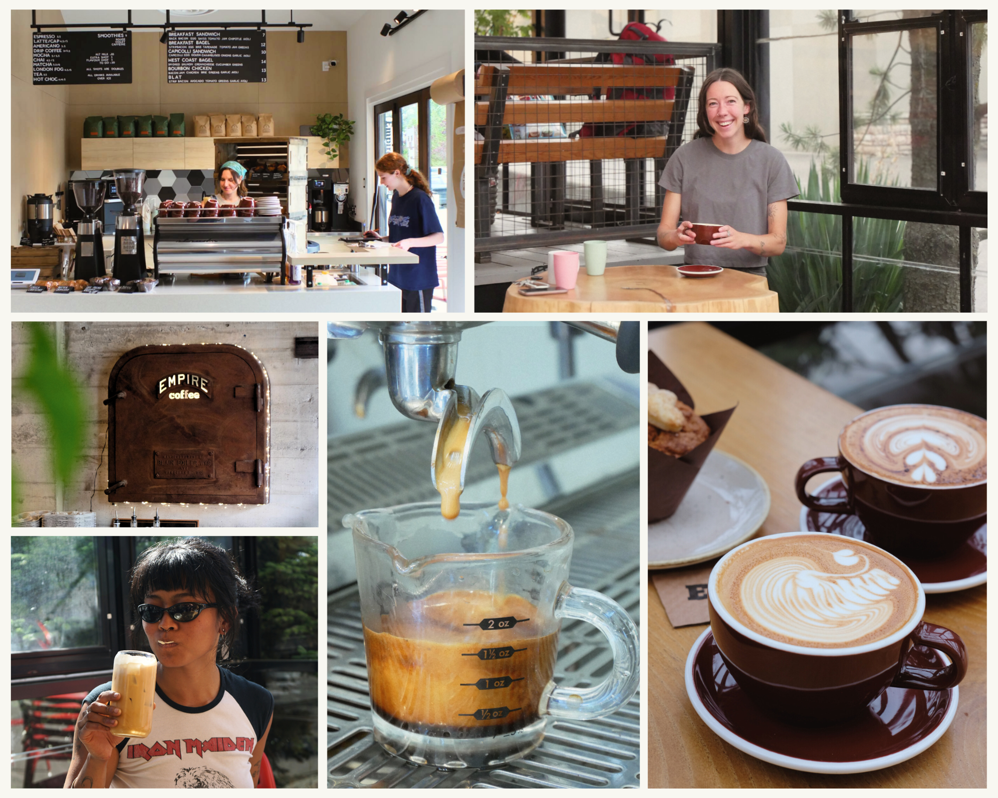 Various scenes inside a coffee shop, including baristas preparing drinks, a smiling woman enjoying coffee, latte art in cups, a coffee grinder, and a woman drinking a coffee beverage.