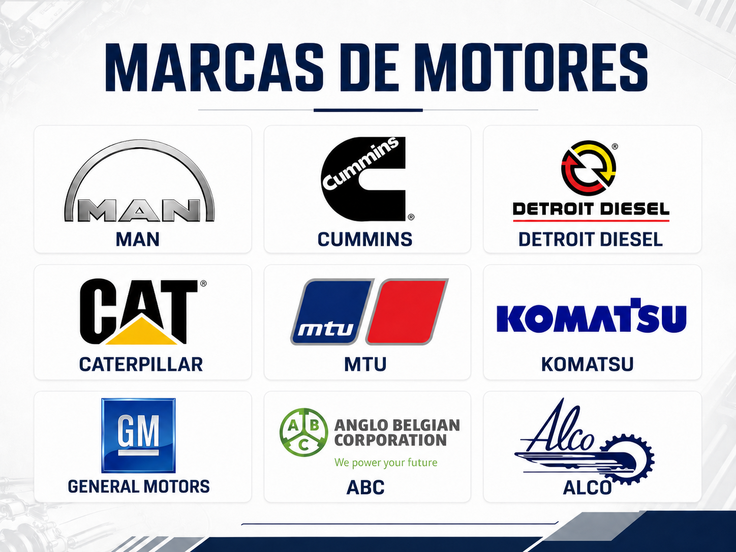 Logos de marcas de motores: MAN, CUMMINS, DETROIT DIESEL, CATERPILLAR, MTU, KOMATSU, GM, ABC, y ALCO.