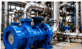 Bomba grande azul en una planta industrial con tuberías metálicas alrededor.