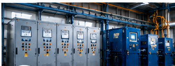 Serie de paneles eléctricos de color gris y azul en un entorno industrial.